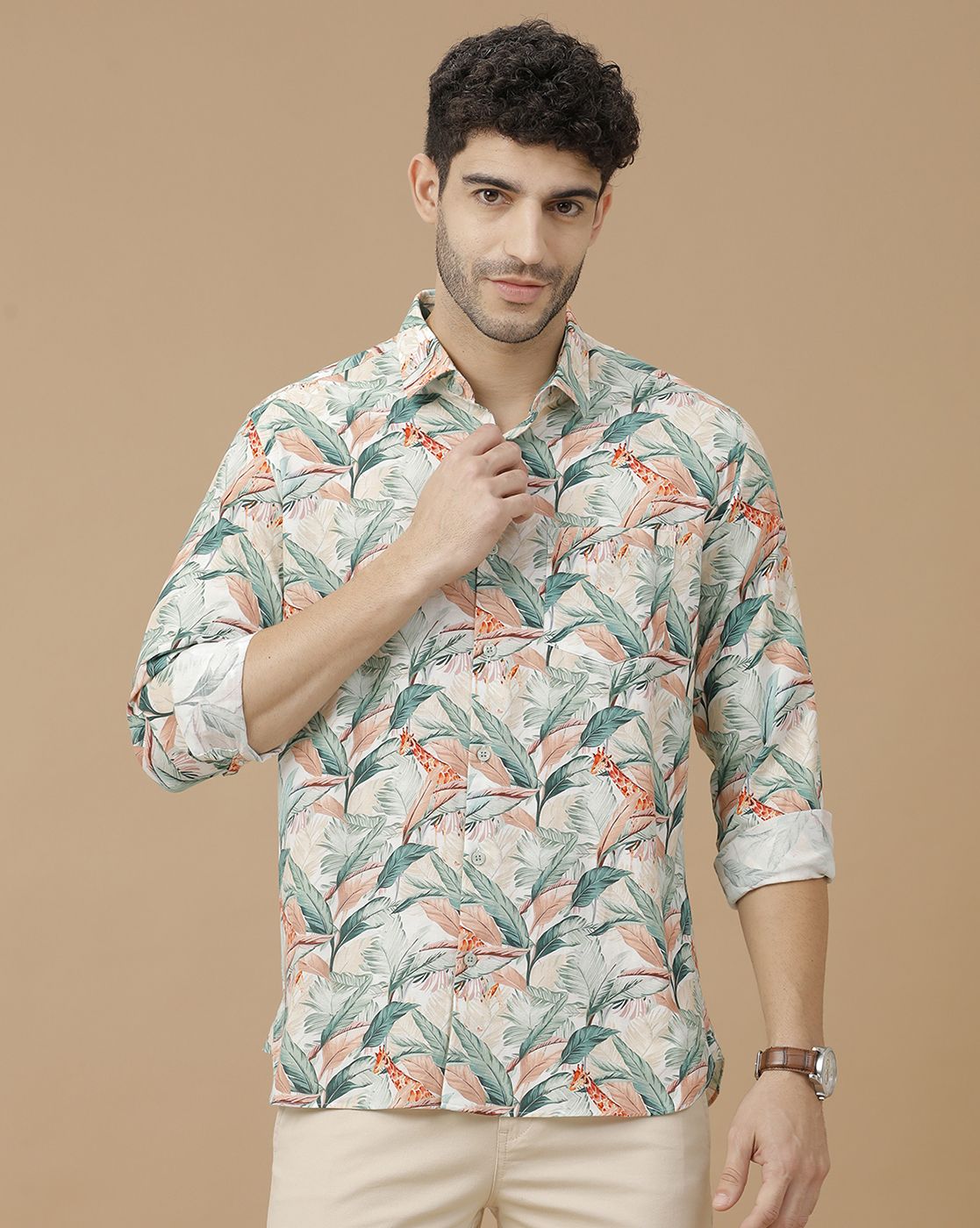 Men's Blended Linen Green Printed Contemporary Fit Full Sleeve Casual Shirt
