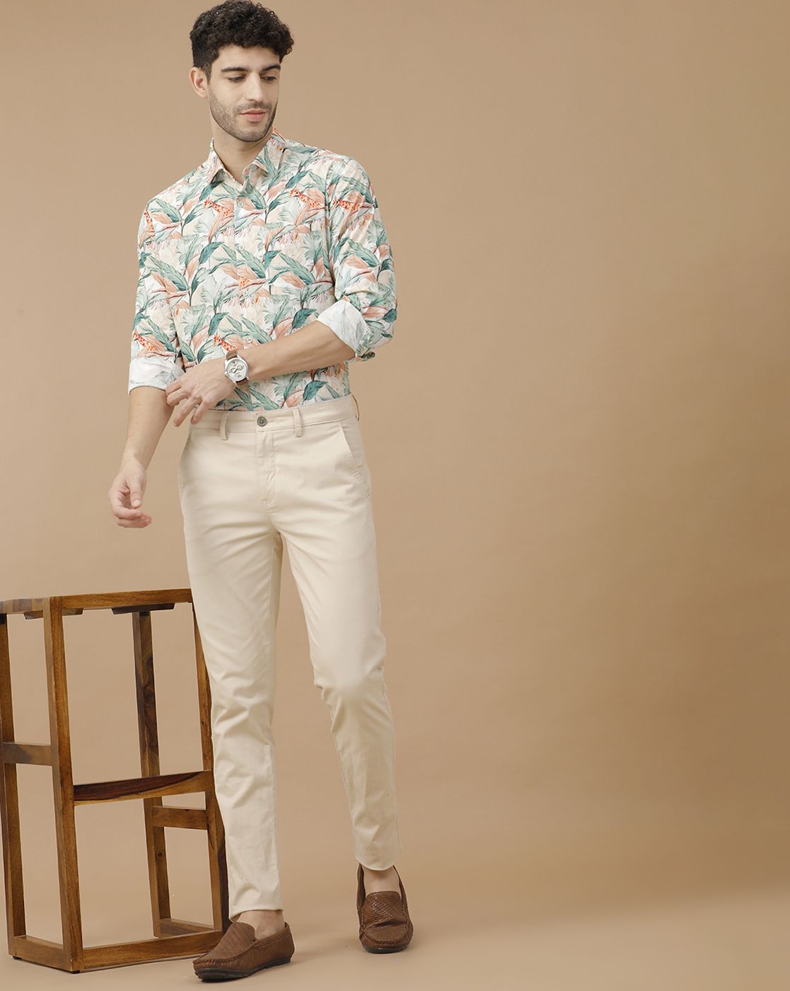 Men's Blended Linen Green Printed Contemporary Fit Full Sleeve Casual Shirt