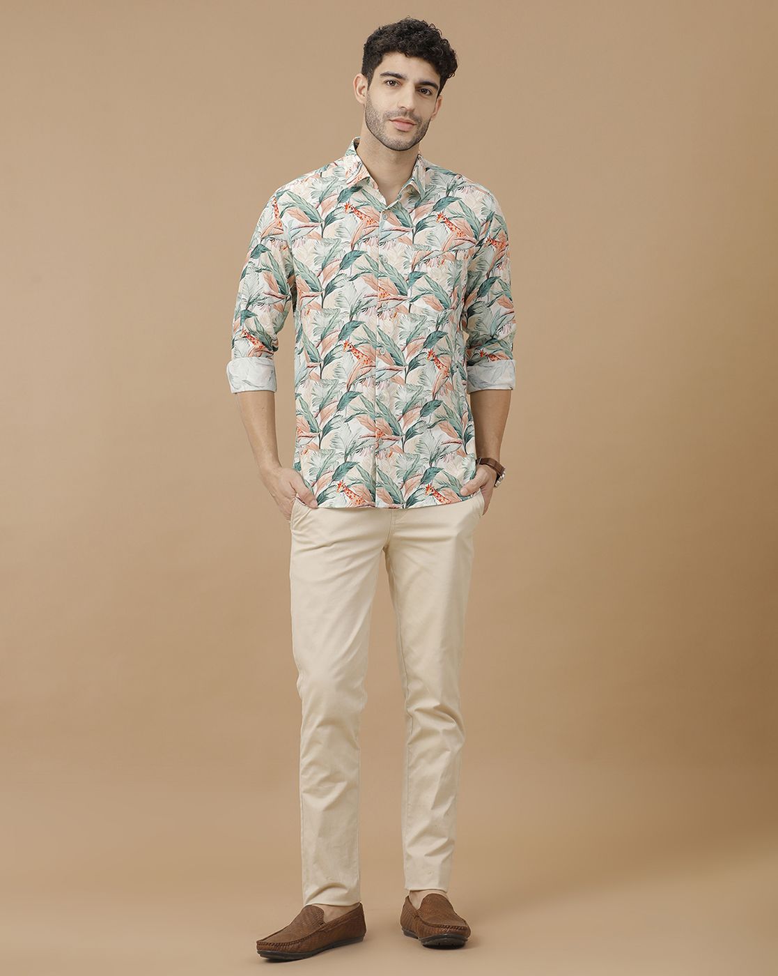 Men's Blended Linen Green Printed Contemporary Fit Full Sleeve Casual Shirt