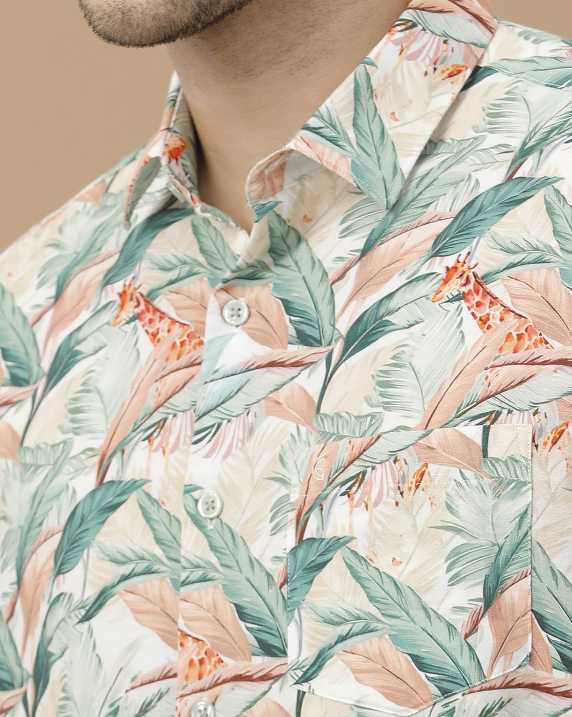 Men's Blended Linen Green Printed Contemporary Fit Full Sleeve Casual Shirt