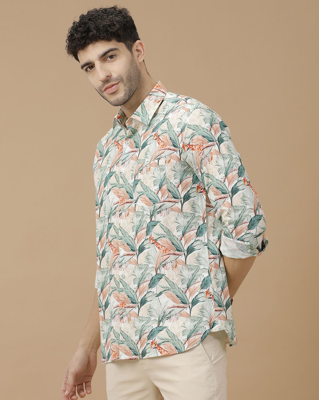 Men's Blended Linen Green Printed Contemporary Fit Full Sleeve Casual Shirt
