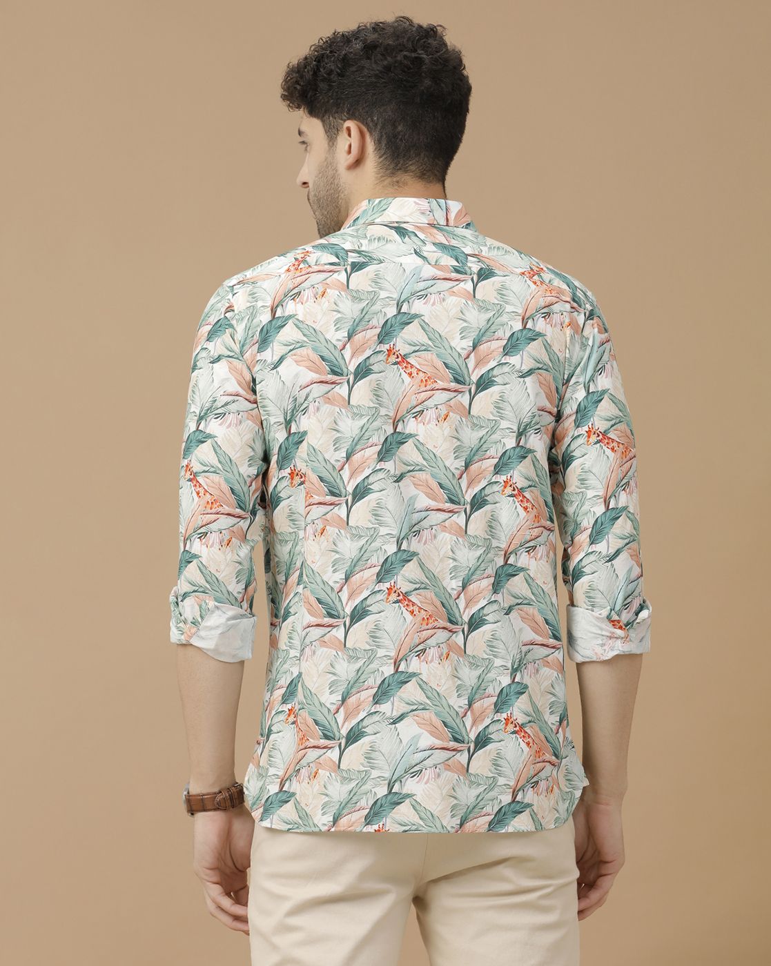 Men's Blended Linen Green Printed Contemporary Fit Full Sleeve Casual Shirt
