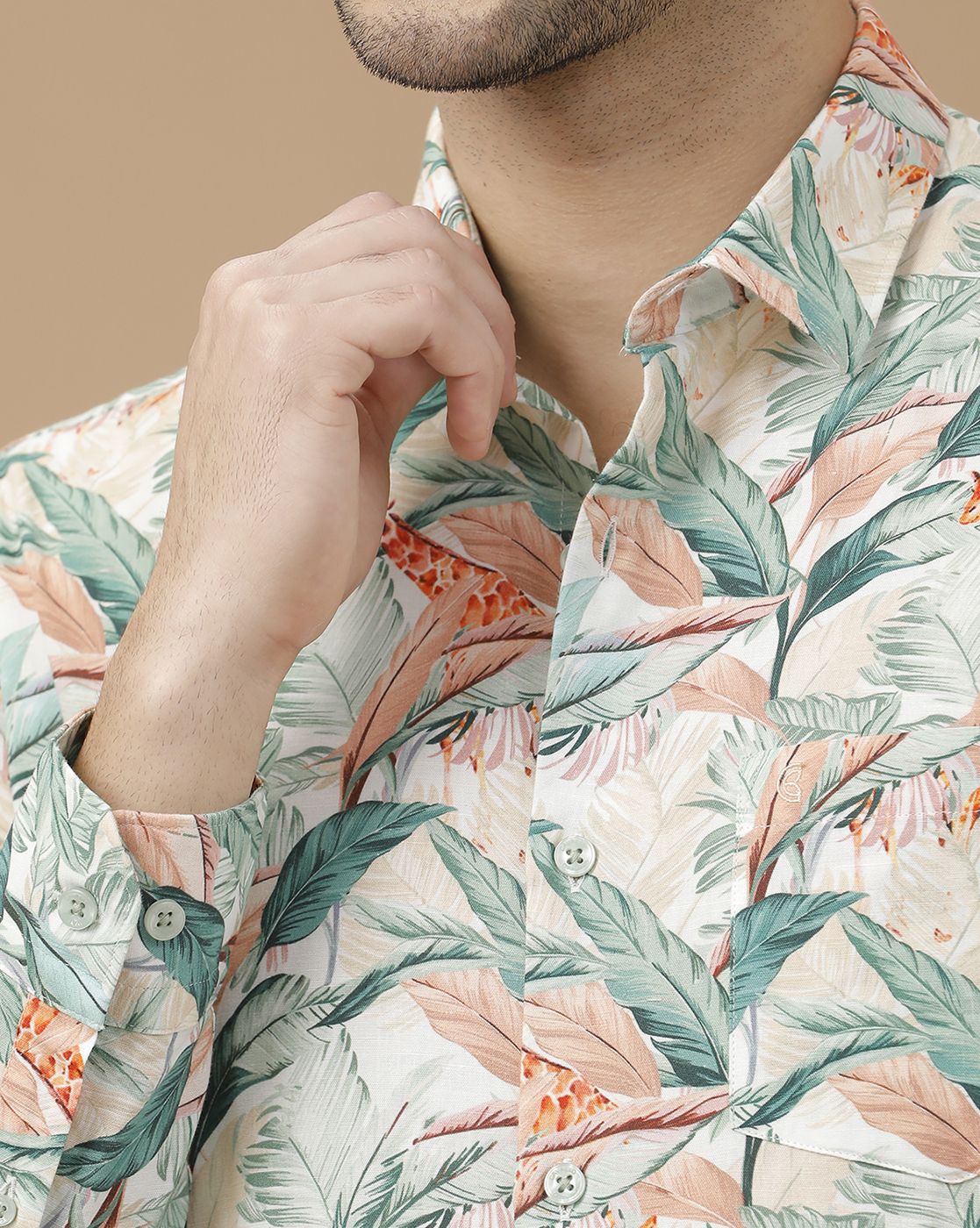 Men's Blended Linen Green Printed Contemporary Fit Full Sleeve Casual Shirt