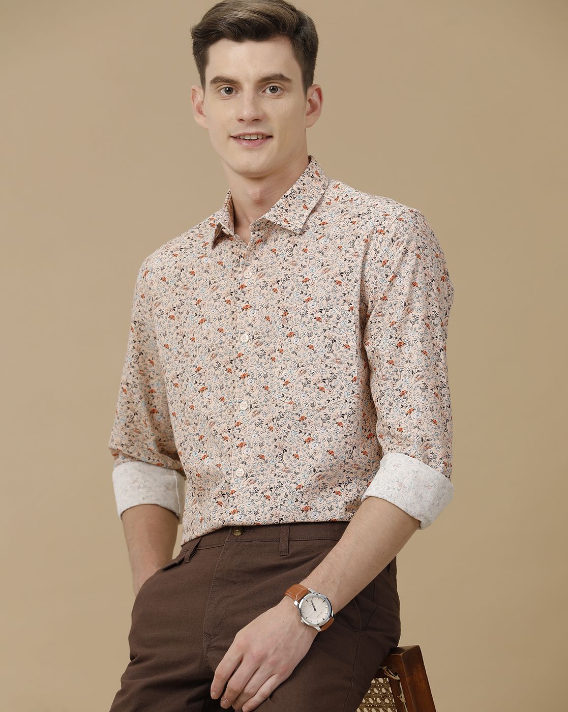 Men's Blended Linen Pink Printed Contemporary Fit Full Sleeve Casual Shirt
