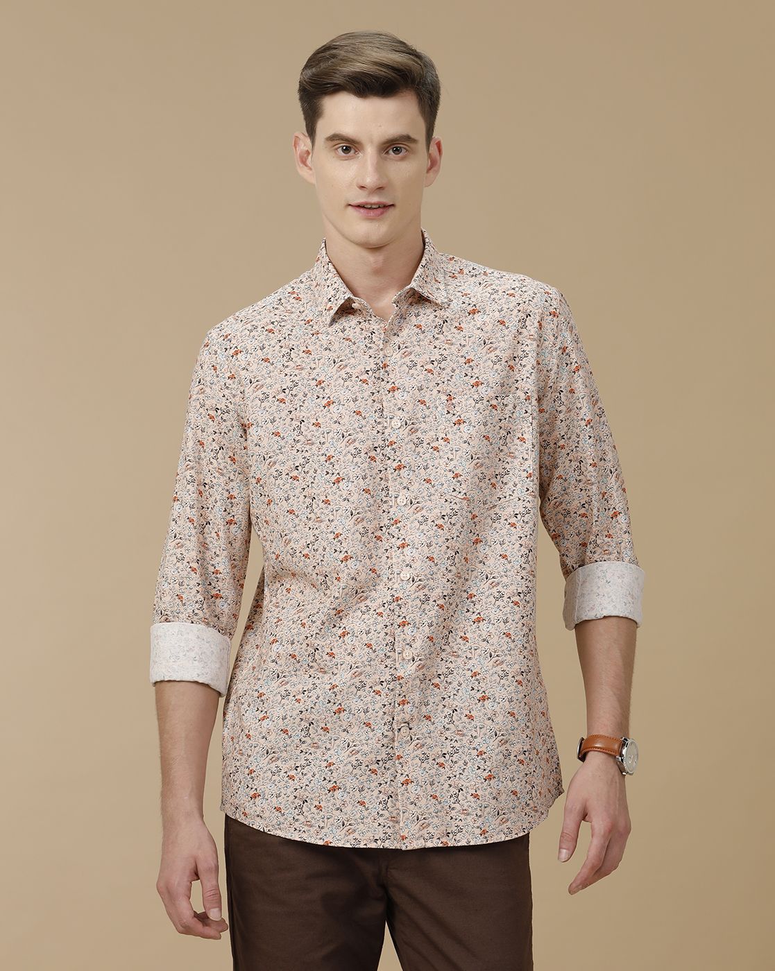 Men's Blended Linen Pink Printed Contemporary Fit Full Sleeve Casual Shirt