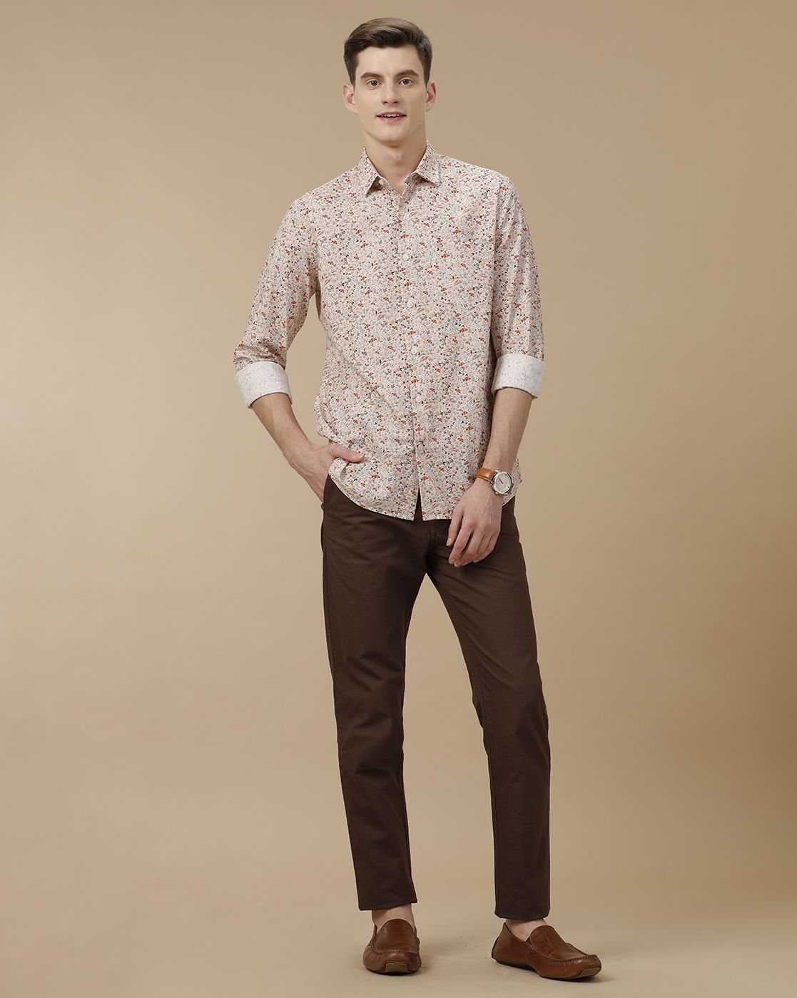 Men's Blended Linen Pink Printed Contemporary Fit Full Sleeve Casual Shirt