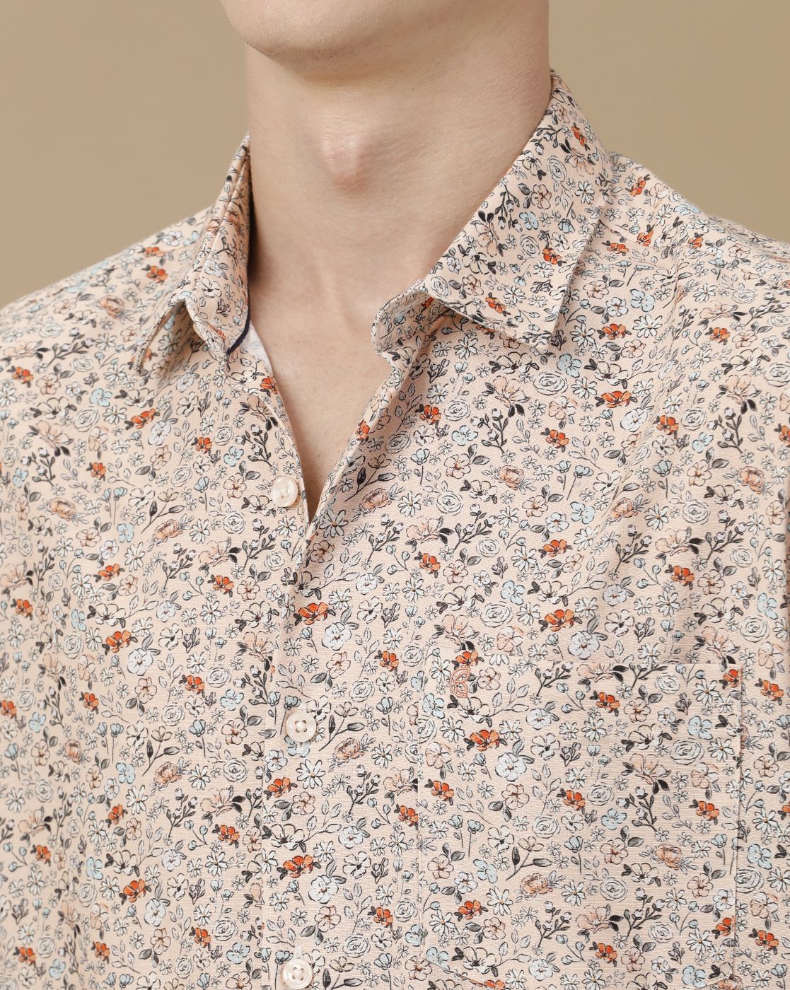 Men's Blended Linen Pink Printed Contemporary Fit Full Sleeve Casual Shirt