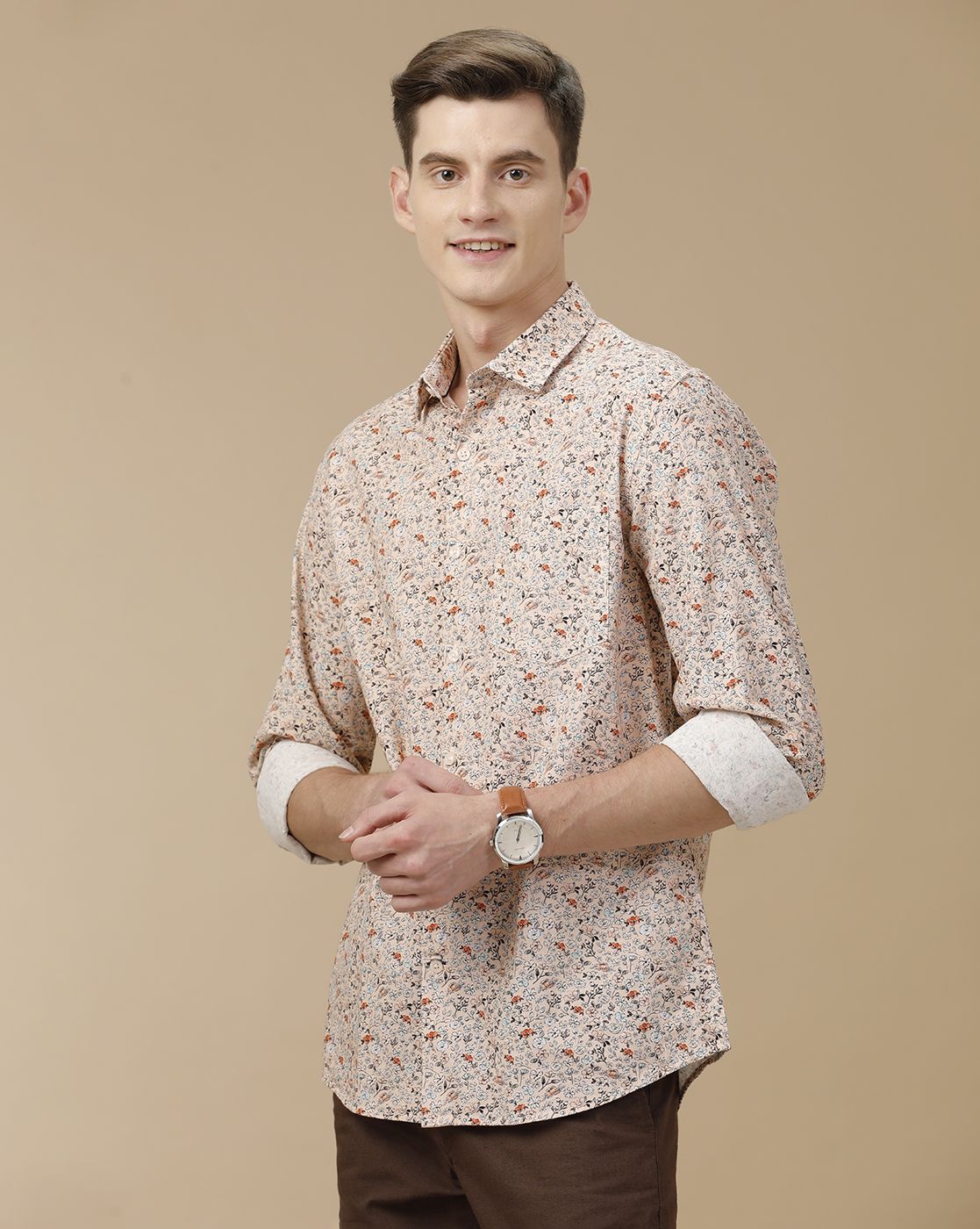 Men's Blended Linen Pink Printed Contemporary Fit Full Sleeve Casual Shirt