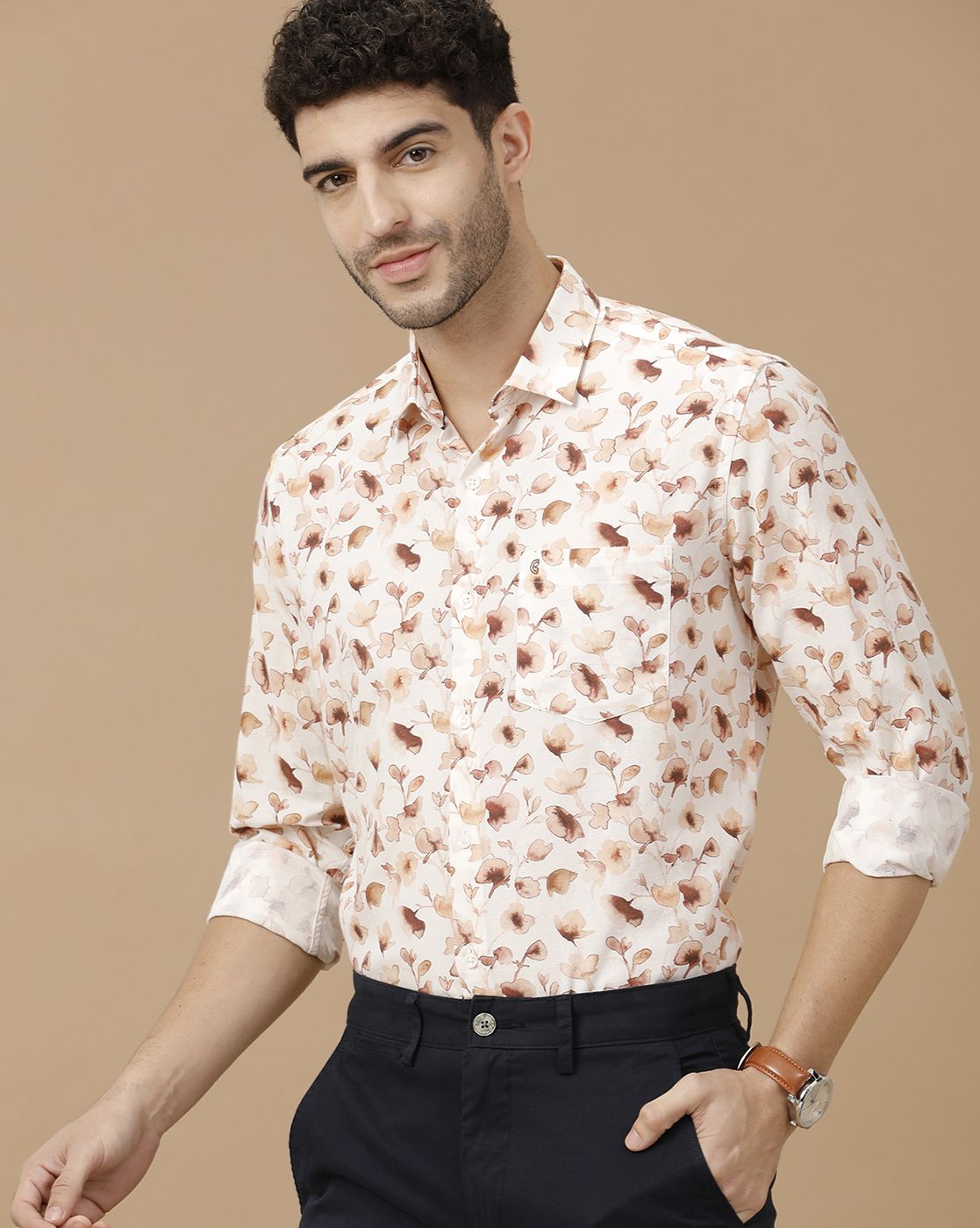 Men's Blended Linen Brown Printed Contemporary Fit Full Sleeve Casual Shirt