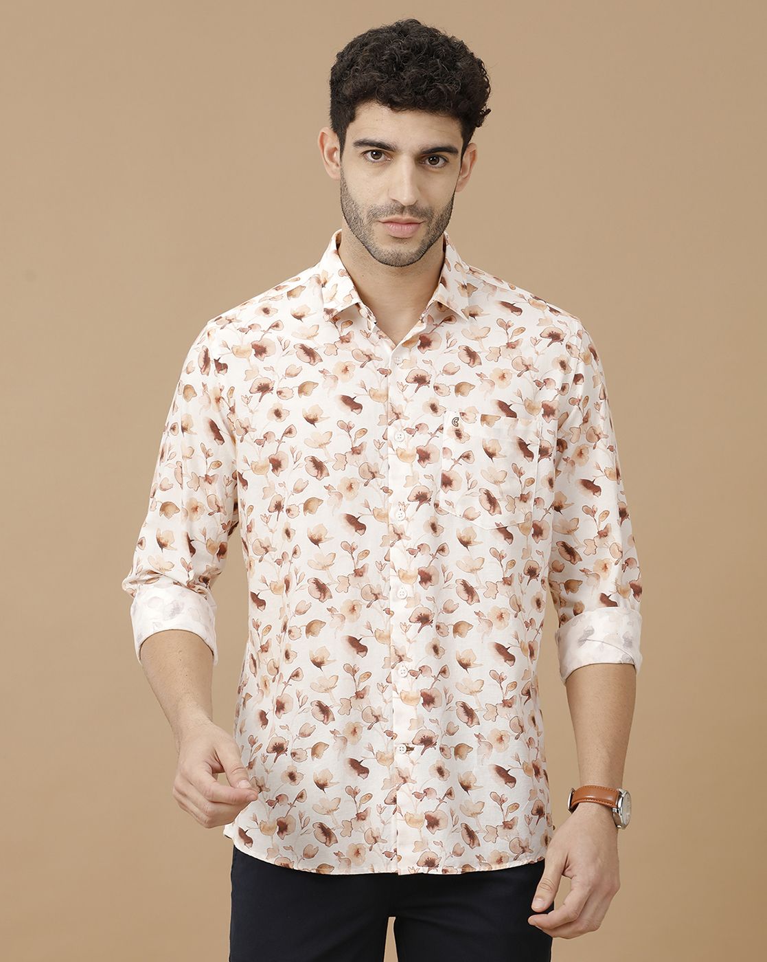 Men's Blended Linen Brown Printed Contemporary Fit Full Sleeve Casual Shirt