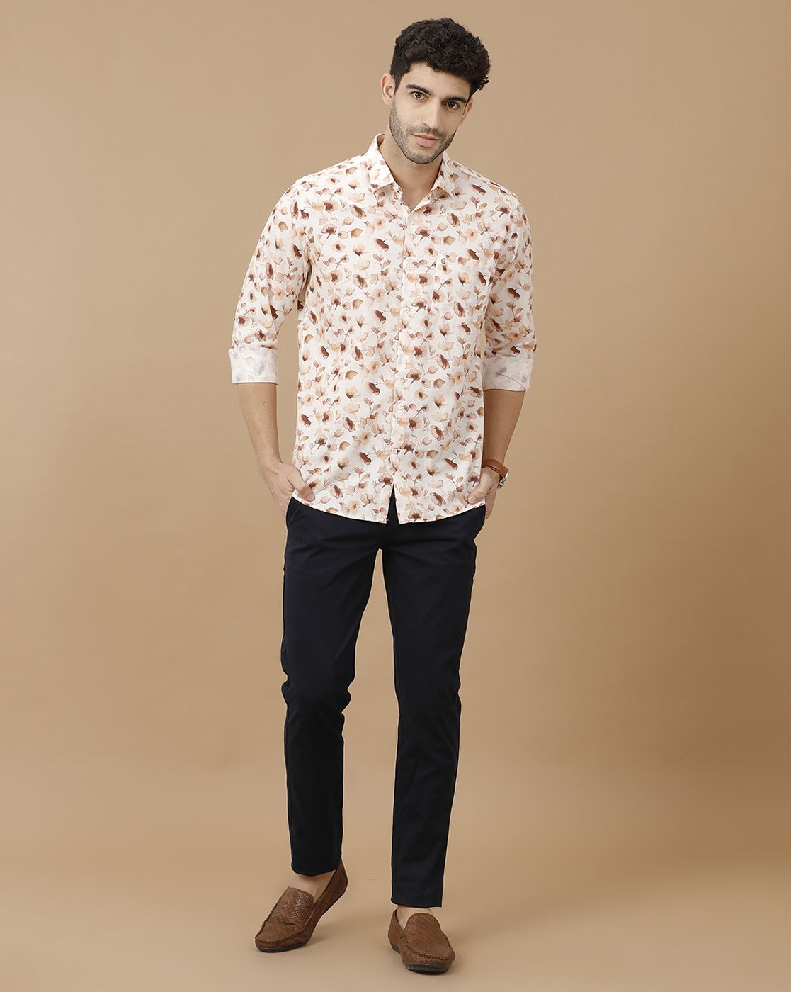Men's Blended Linen Brown Printed Contemporary Fit Full Sleeve Casual Shirt