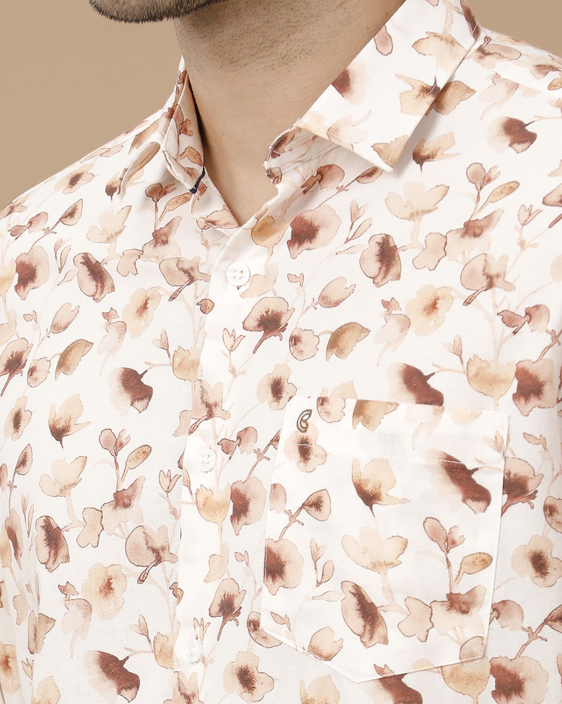Men's Blended Linen Brown Printed Contemporary Fit Full Sleeve Casual Shirt