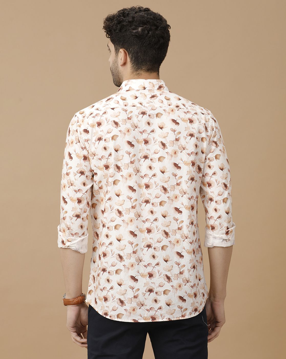 Men's Blended Linen Brown Printed Contemporary Fit Full Sleeve Casual Shirt