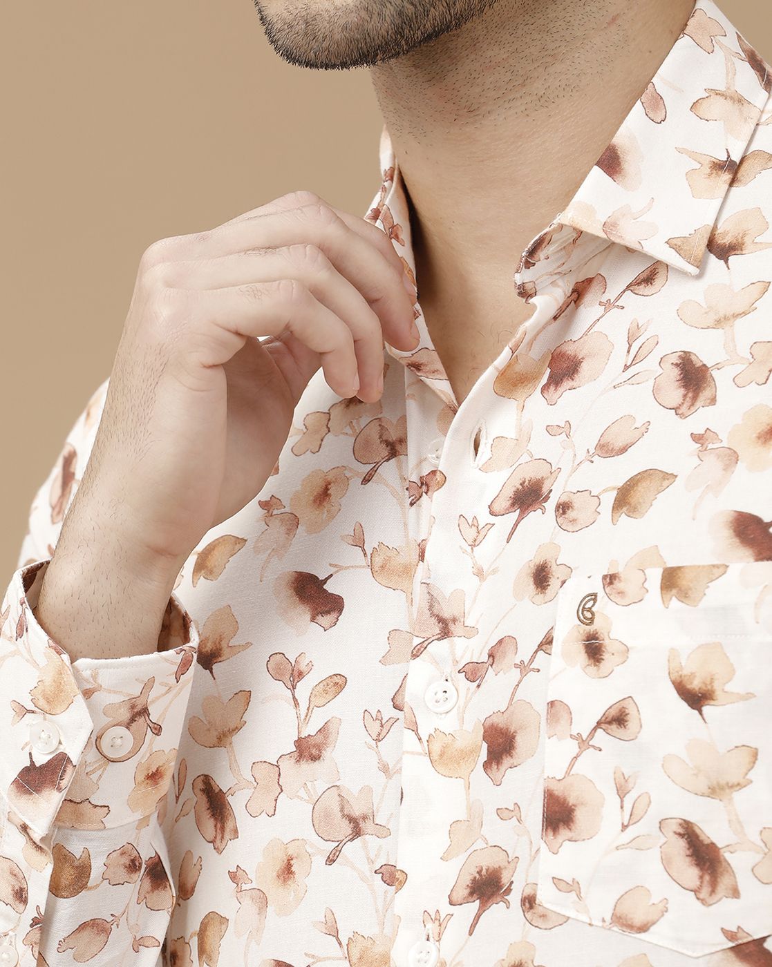 Men's Blended Linen Brown Printed Contemporary Fit Full Sleeve Casual Shirt