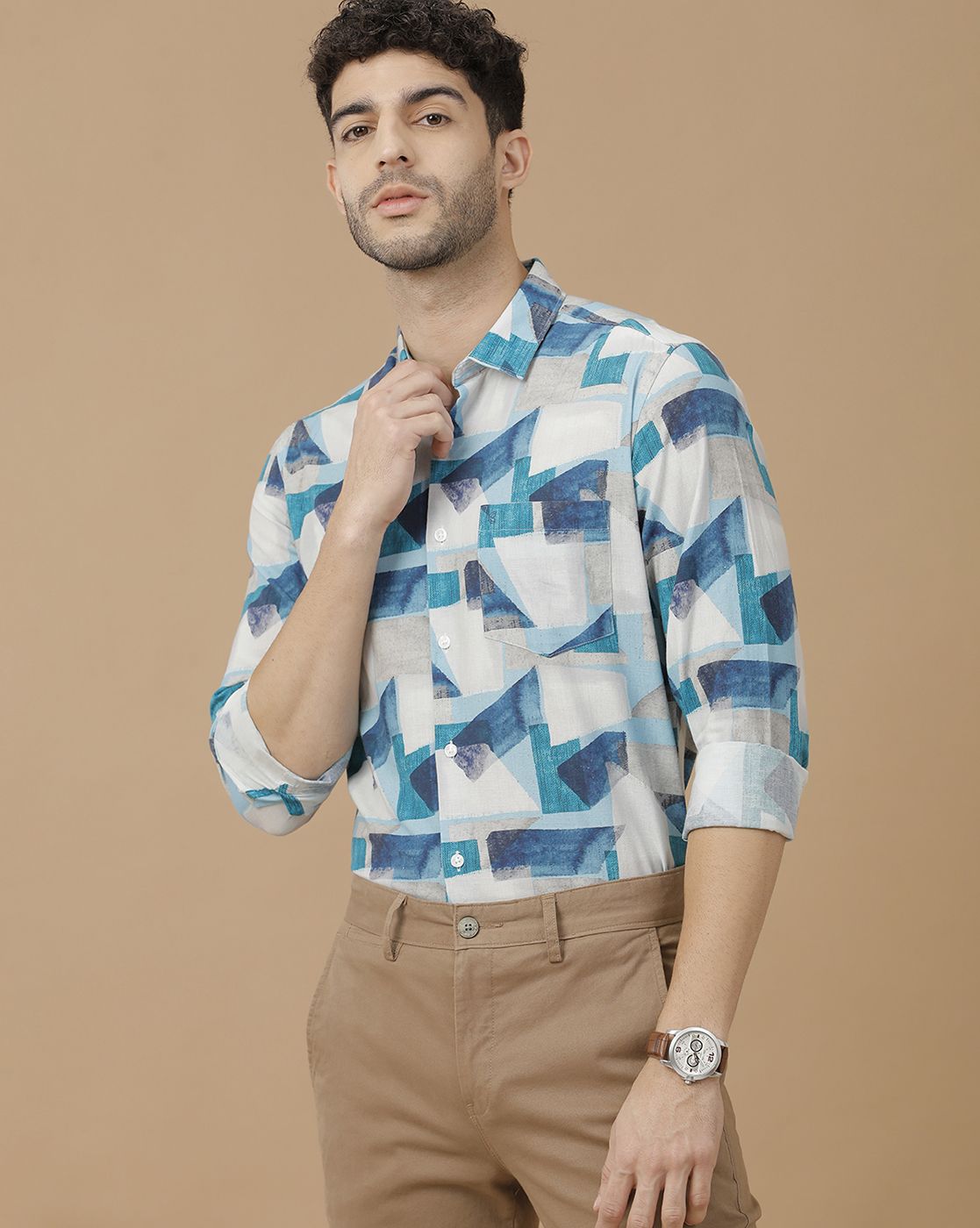 Men's Blended Linen Blue Printed Contemporary Fit Full Sleeve Casual Shirt