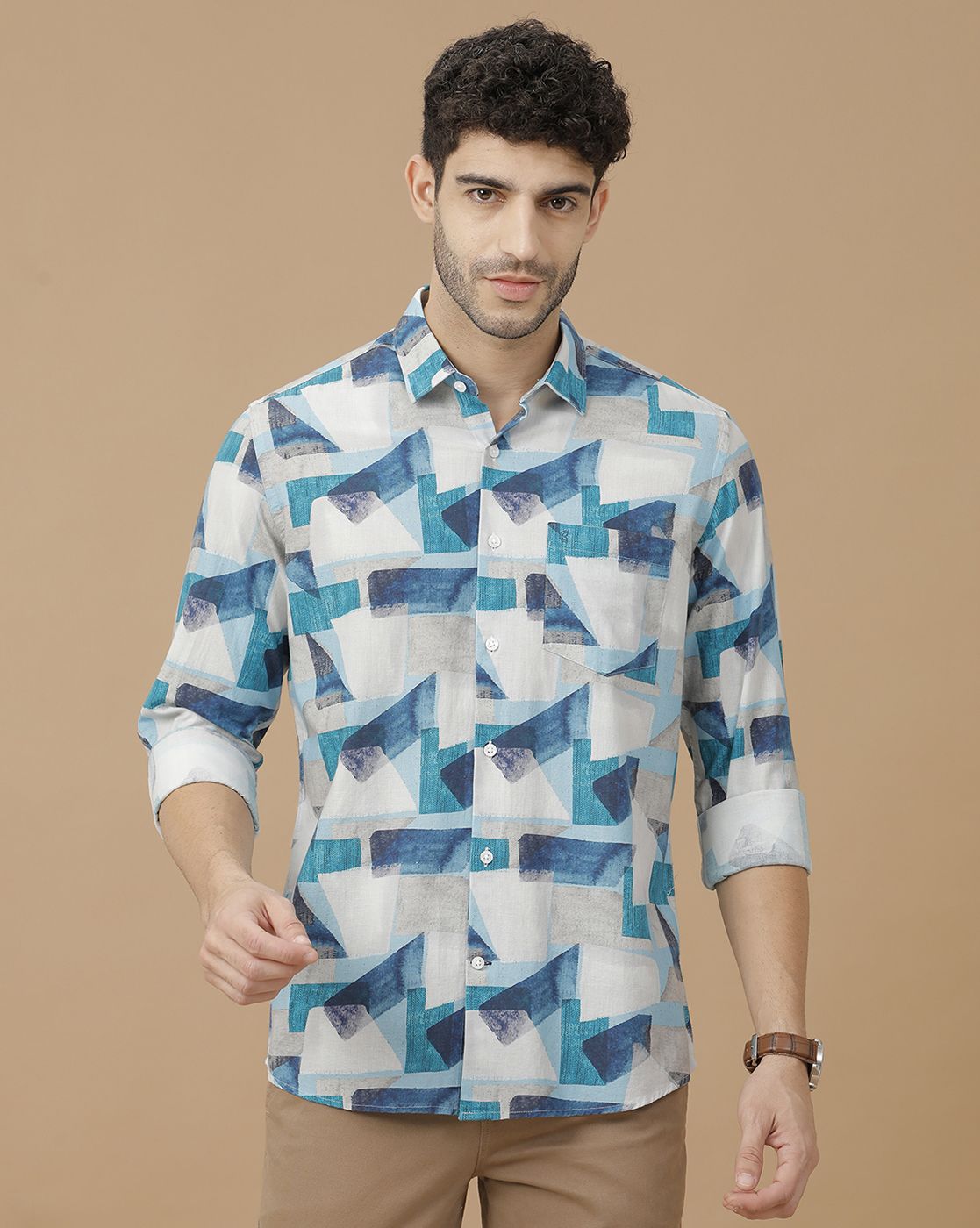 Men's Blended Linen Blue Printed Contemporary Fit Full Sleeve Casual Shirt