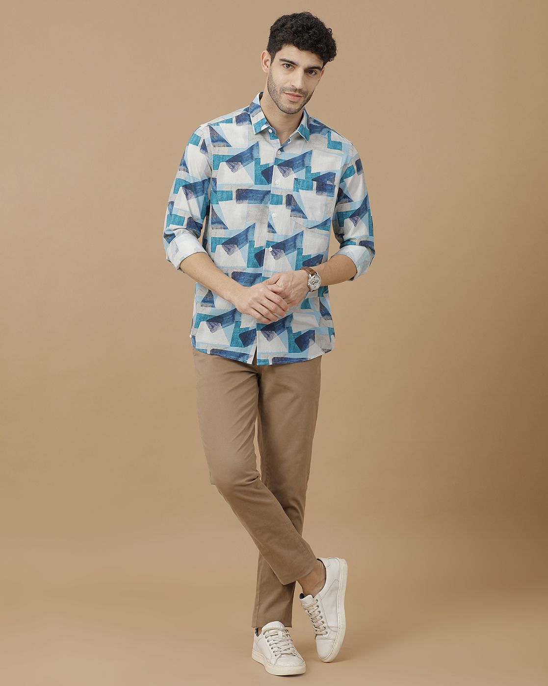 Men's Blended Linen Blue Printed Contemporary Fit Full Sleeve Casual Shirt