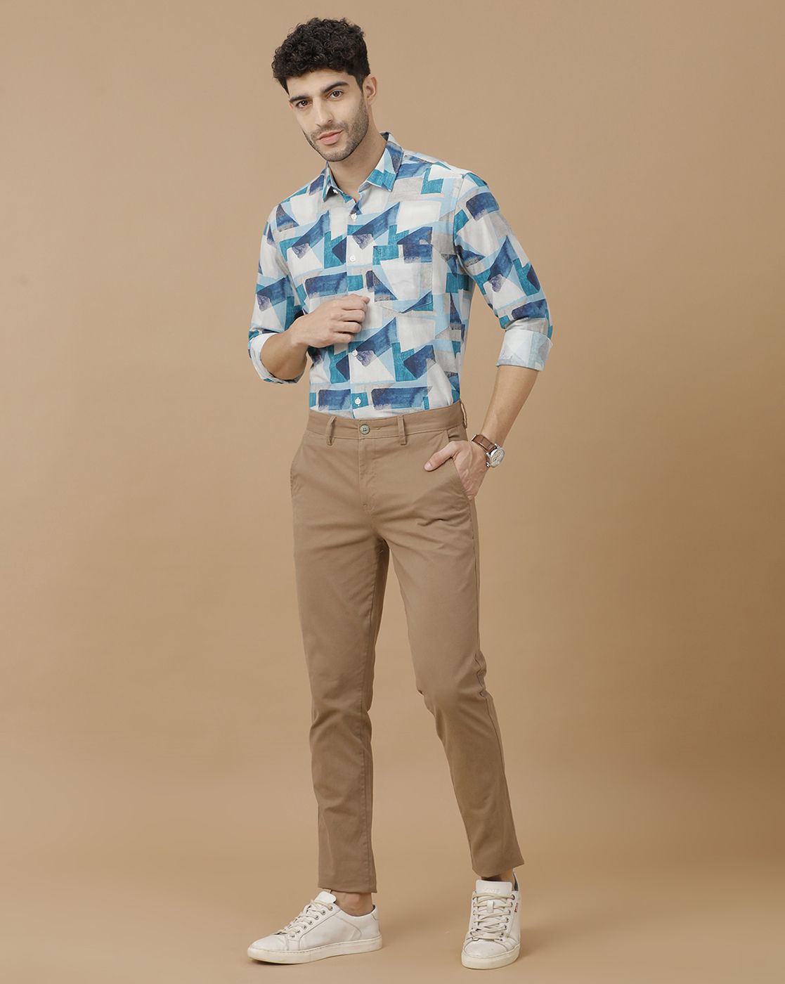 Men's Blended Linen Blue Printed Contemporary Fit Full Sleeve Casual Shirt