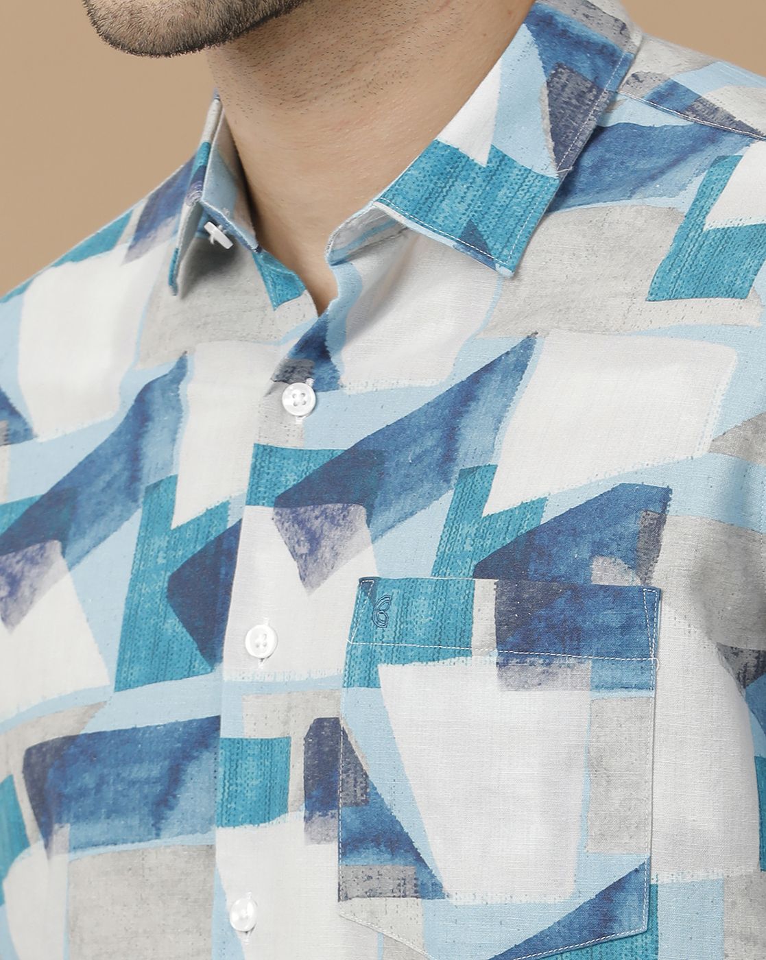 Men's Blended Linen Blue Printed Contemporary Fit Full Sleeve Casual Shirt