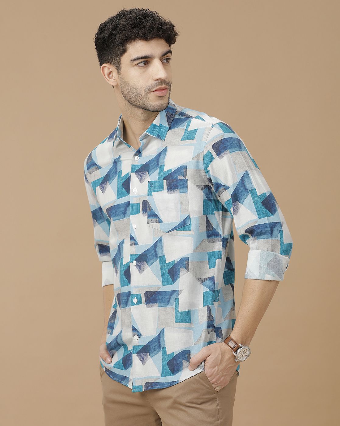 Men's Blended Linen Blue Printed Contemporary Fit Full Sleeve Casual Shirt
