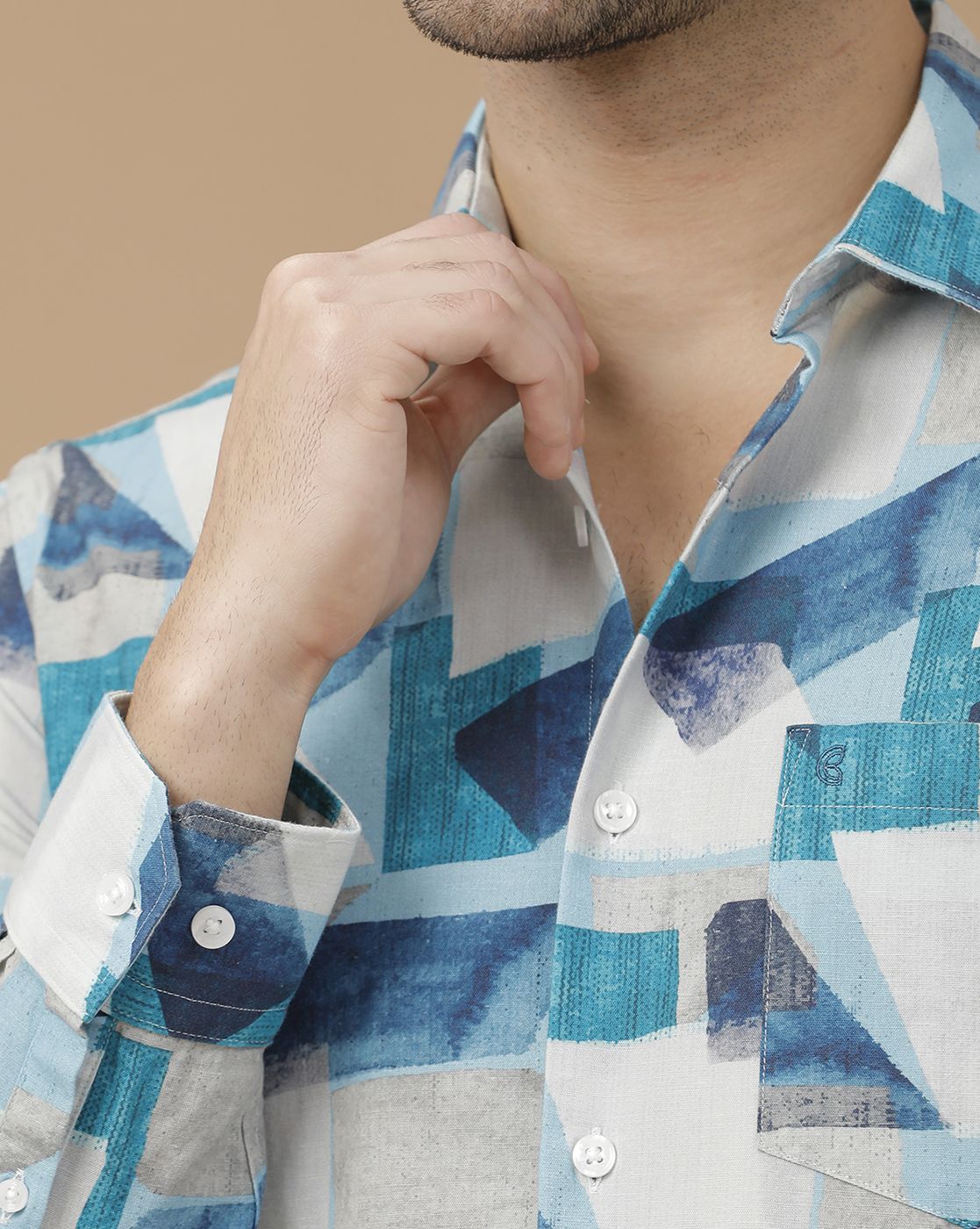 Men's Blended Linen Blue Printed Contemporary Fit Full Sleeve Casual Shirt