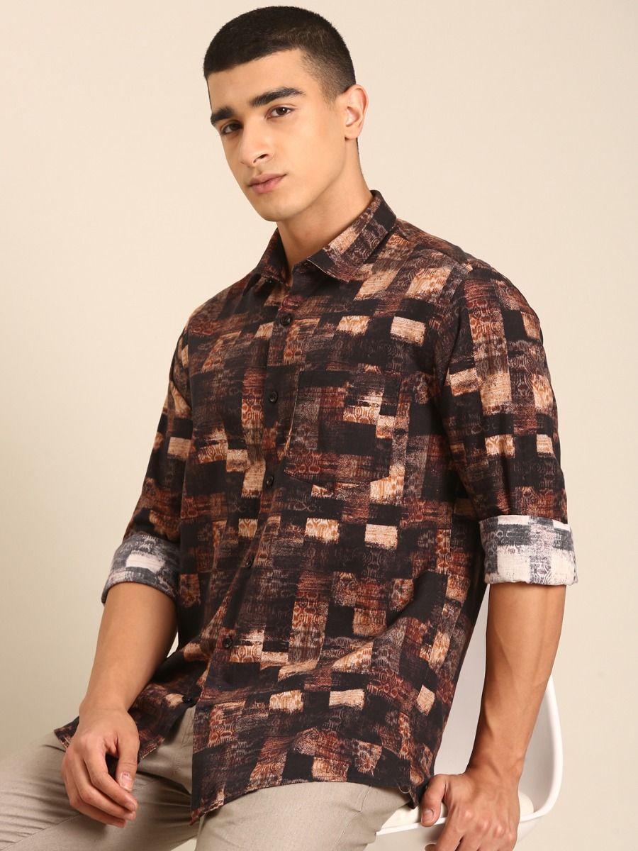CAVALLO by Linen Club Men's Blended Linen Brown Printed Contemporary Fit Full Sleeve Casual Shirt