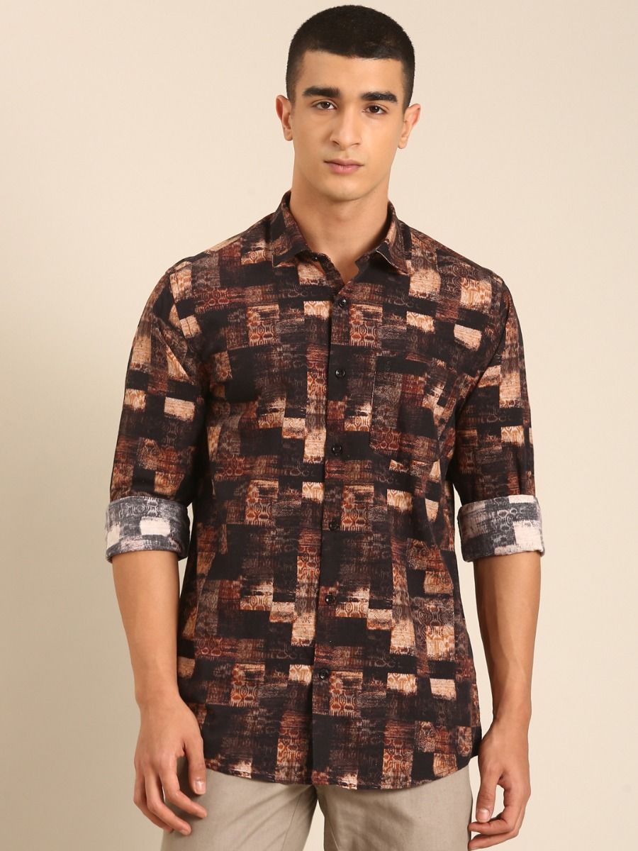 CAVALLO by Linen Club Men's Blended Linen Brown Printed Contemporary Fit Full Sleeve Casual Shirt