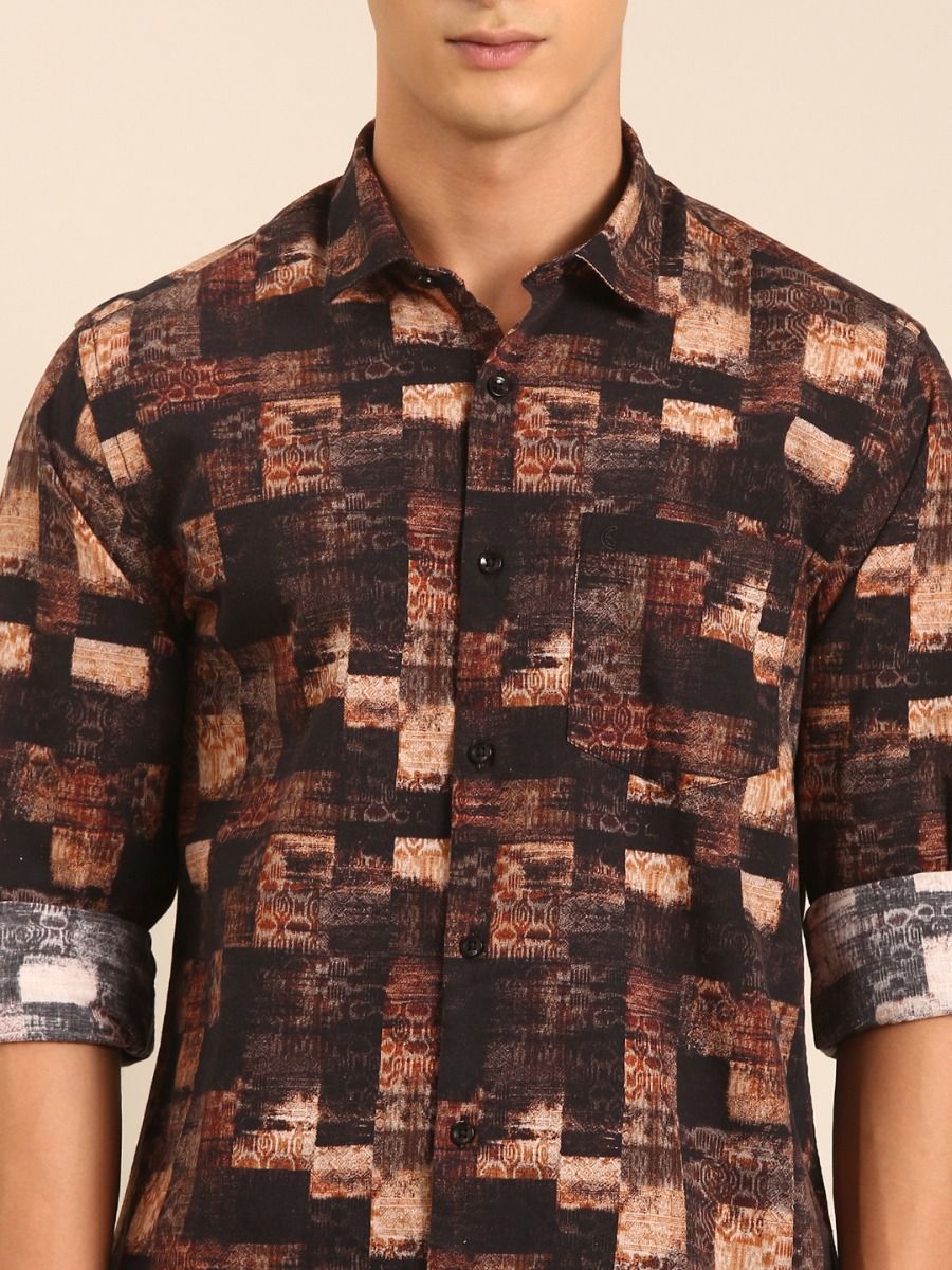 CAVALLO by Linen Club Men's Blended Linen Brown Printed Contemporary Fit Full Sleeve Casual Shirt
