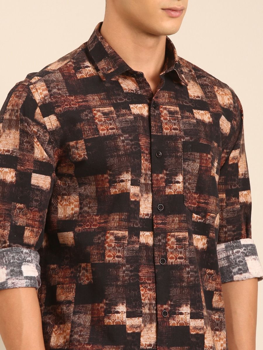 CAVALLO by Linen Club Men's Blended Linen Brown Printed Contemporary Fit Full Sleeve Casual Shirt