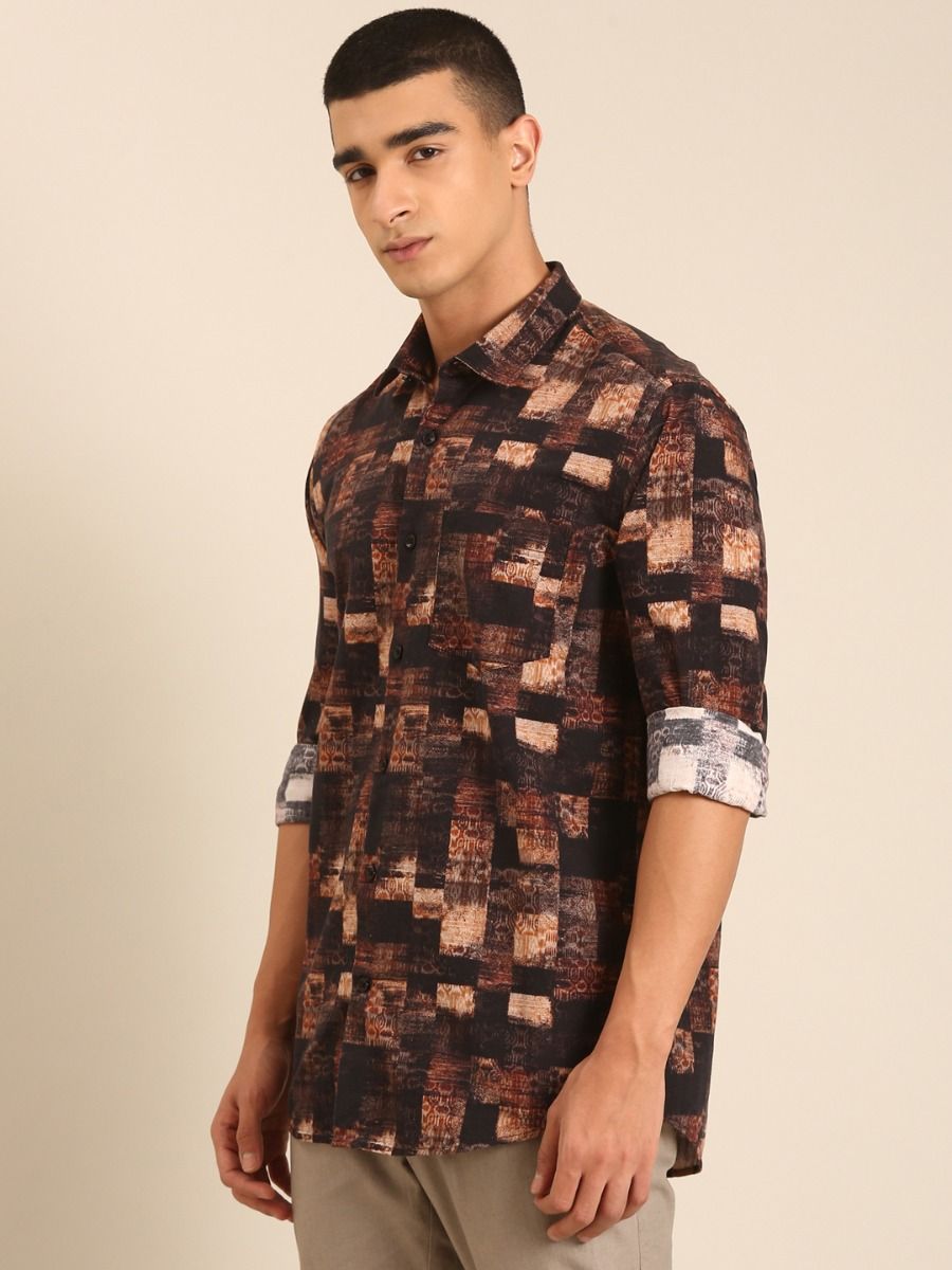 CAVALLO by Linen Club Men's Blended Linen Brown Printed Contemporary Fit Full Sleeve Casual Shirt