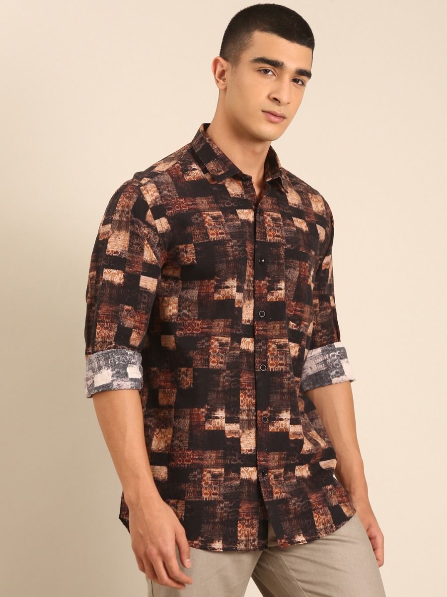CAVALLO by Linen Club Men's Blended Linen Brown Printed Contemporary Fit Full Sleeve Casual Shirt