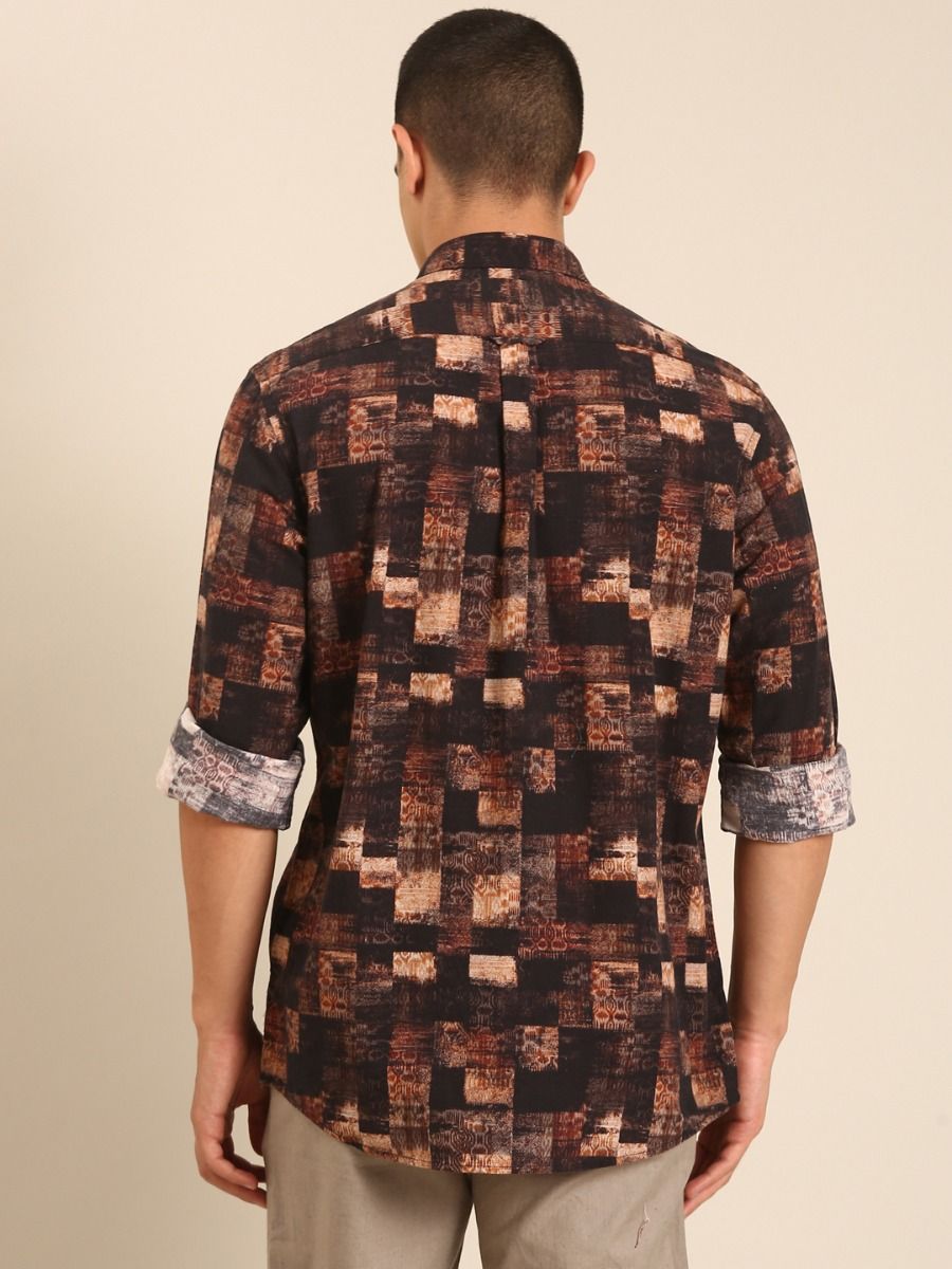 CAVALLO by Linen Club Men's Blended Linen Brown Printed Contemporary Fit Full Sleeve Casual Shirt