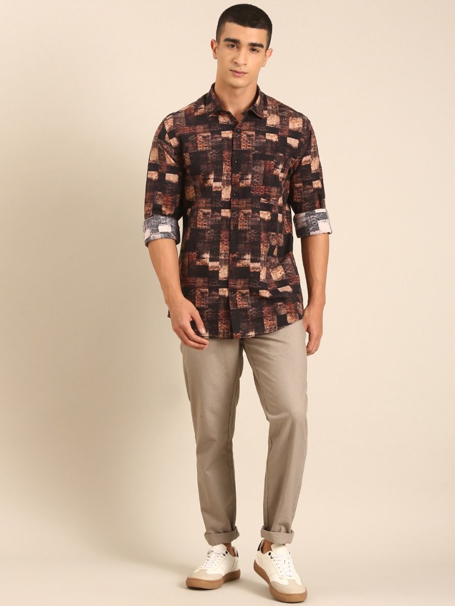 CAVALLO by Linen Club Men's Blended Linen Brown Printed Contemporary Fit Full Sleeve Casual Shirt