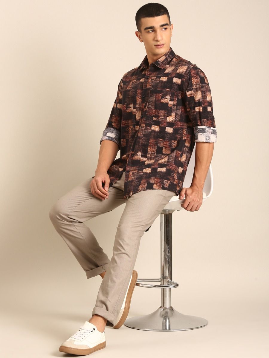 CAVALLO by Linen Club Men's Blended Linen Brown Printed Contemporary Fit Full Sleeve Casual Shirt
