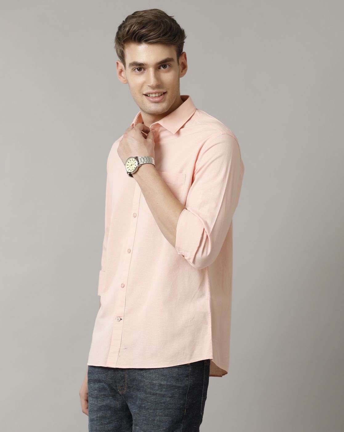 Cavallo By Linen Club Men's Peach Solid Contemporary Fit Full Sleeve Casual Shirt