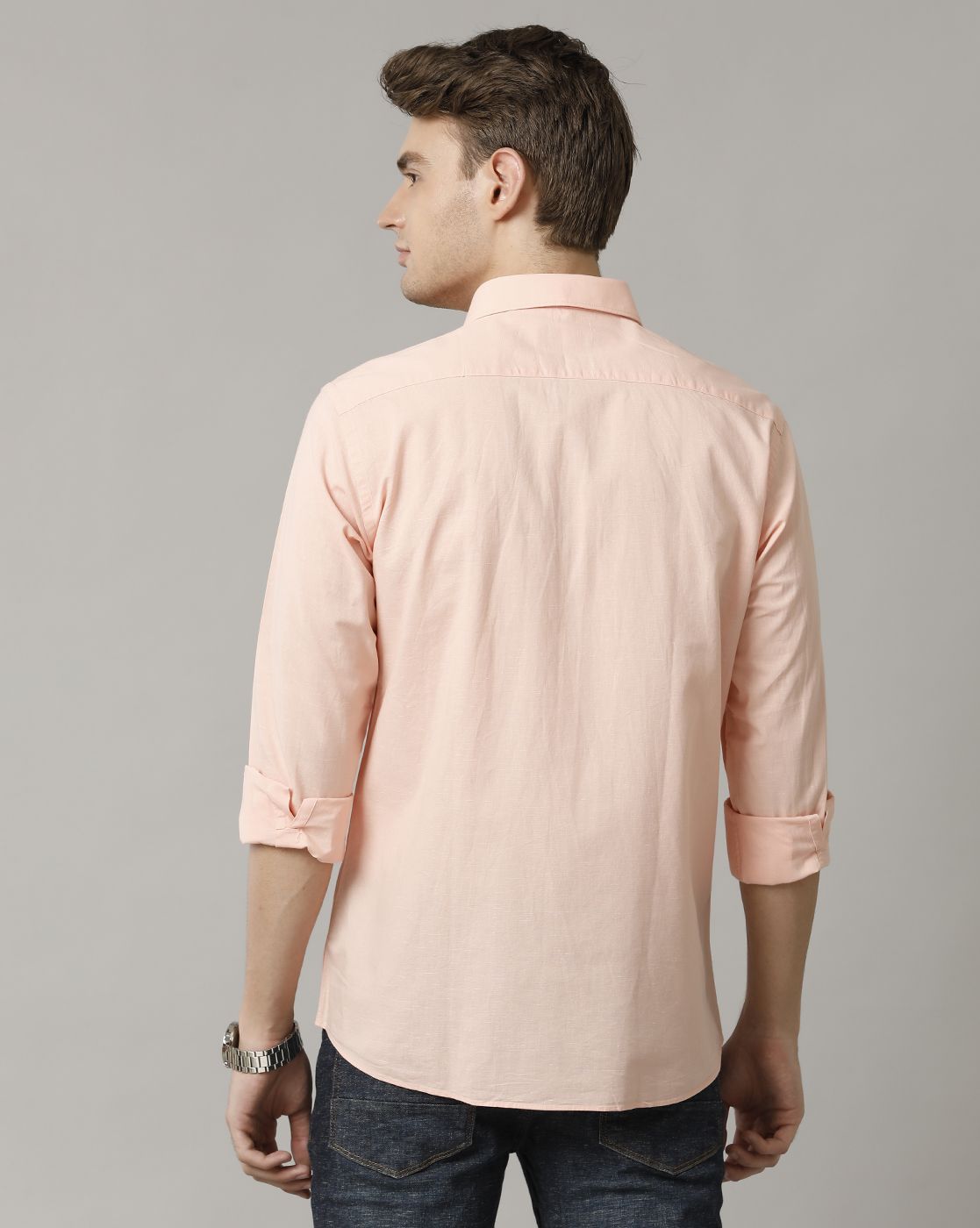 Cavallo By Linen Club Men's Peach Solid Contemporary Fit Full Sleeve Casual Shirt