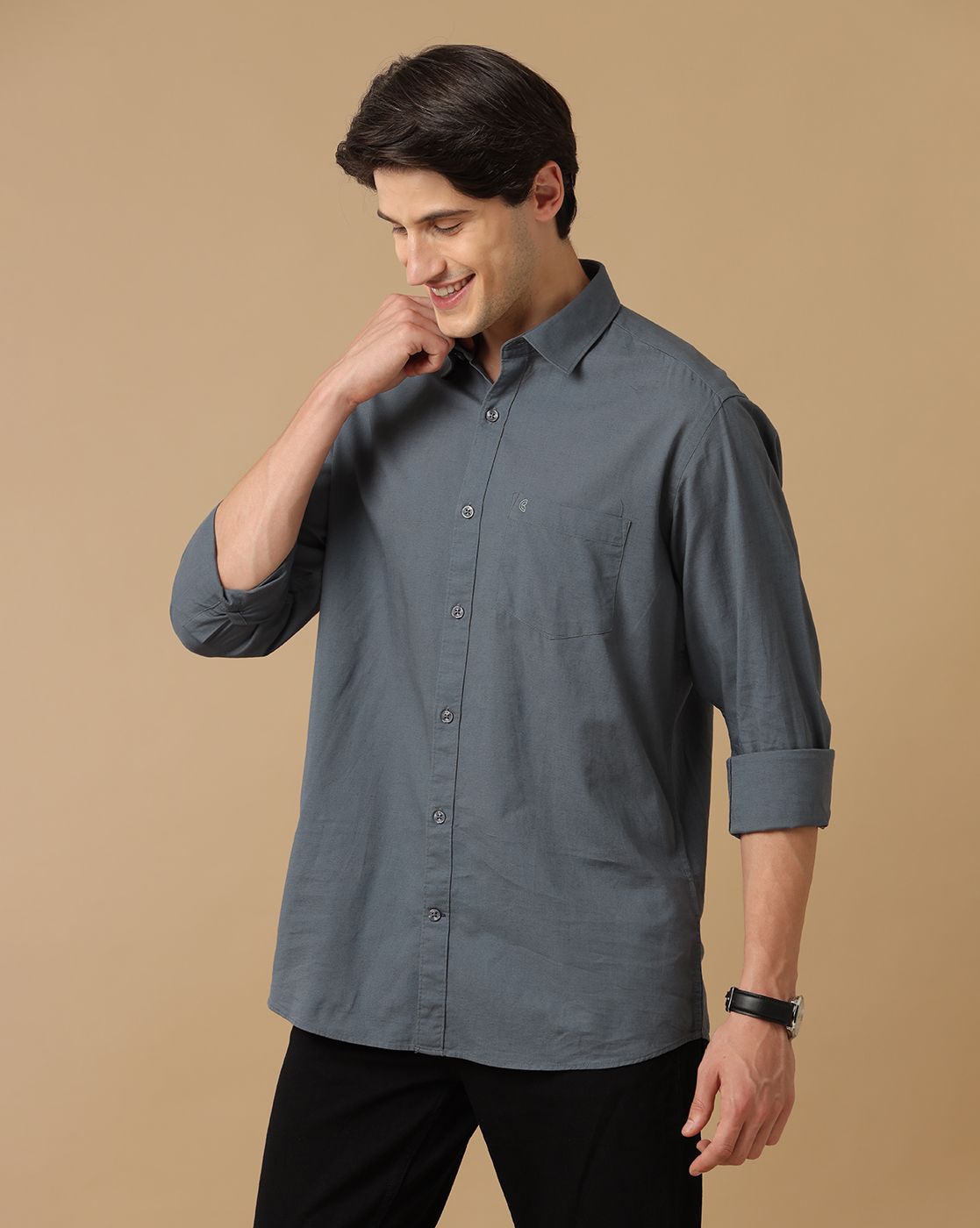 Men's Blended Linen Grey Solid Contemporary Fit Full Sleeve Casual Shirt