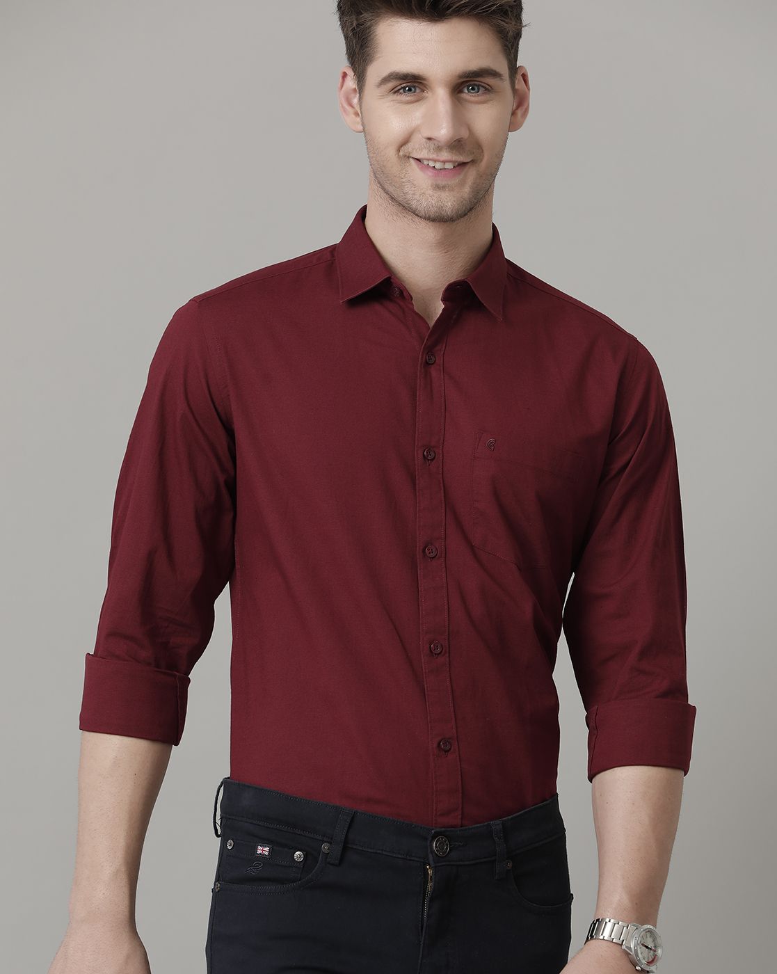 Men's Blended Linen Maroon Solid Contemporary Fit Full Sleeve Sleeve Casual Shirt