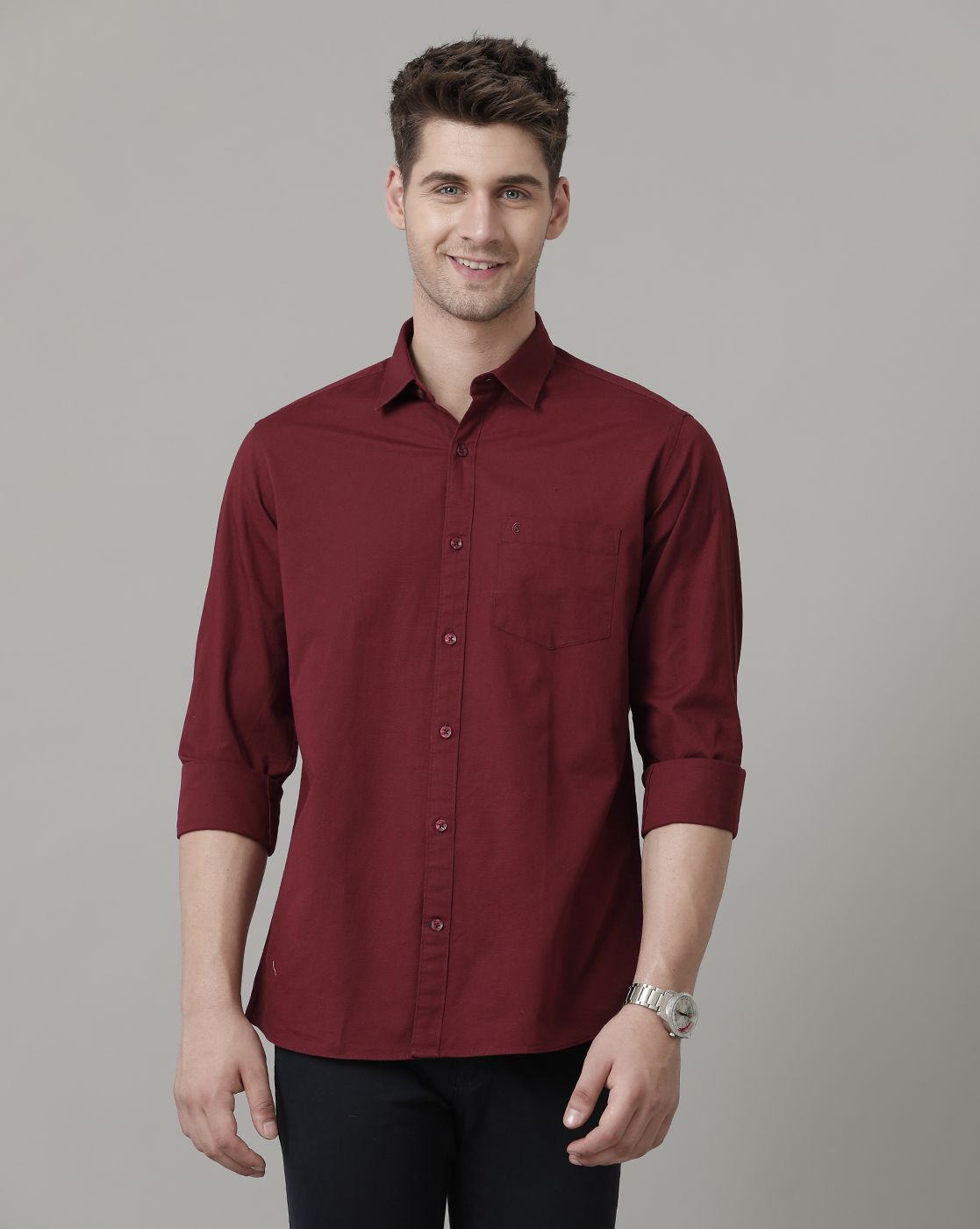 Men's Blended Linen Maroon Solid Contemporary Fit Full Sleeve Sleeve Casual Shirt