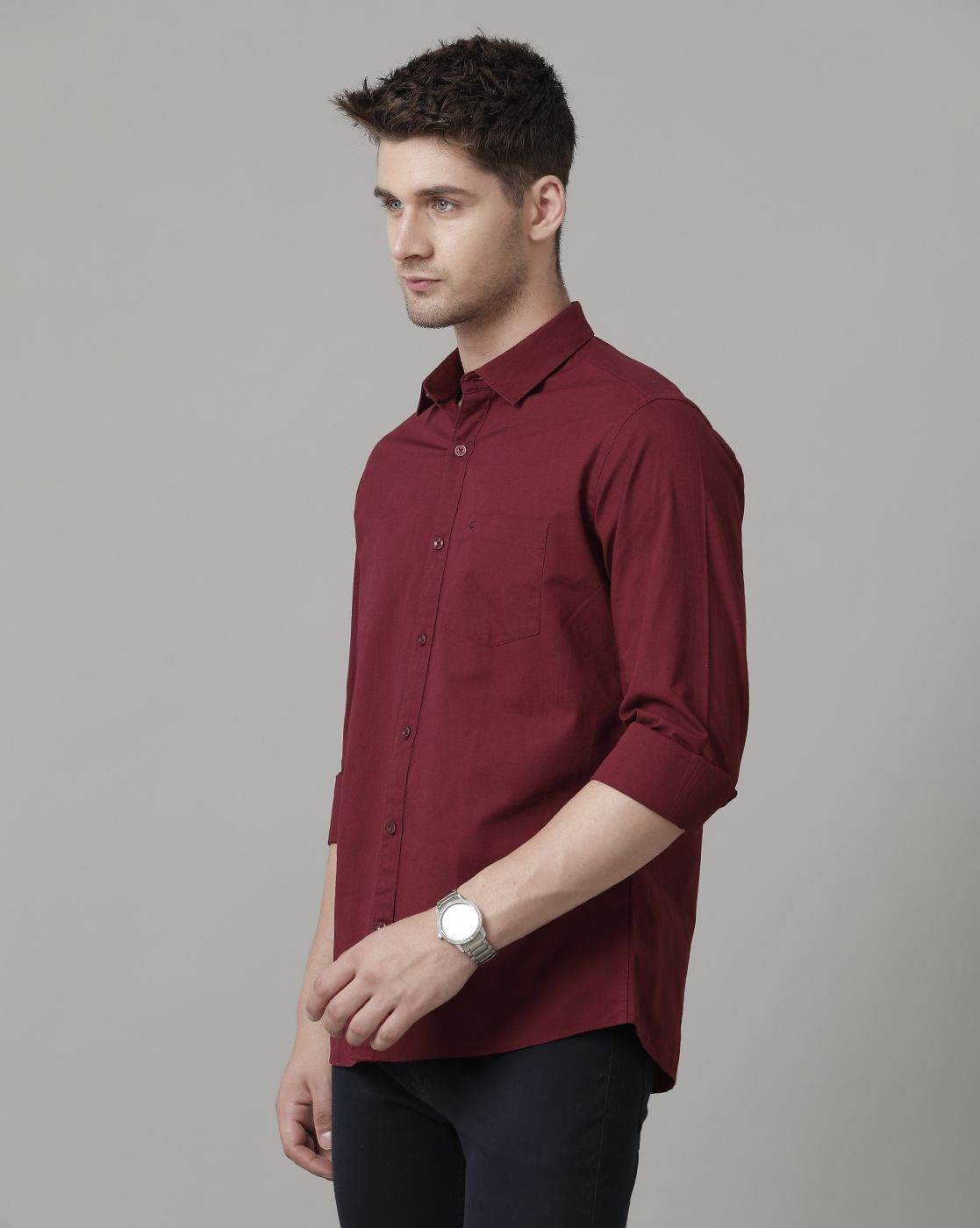 Men's Blended Linen Maroon Solid Contemporary Fit Full Sleeve Sleeve Casual Shirt