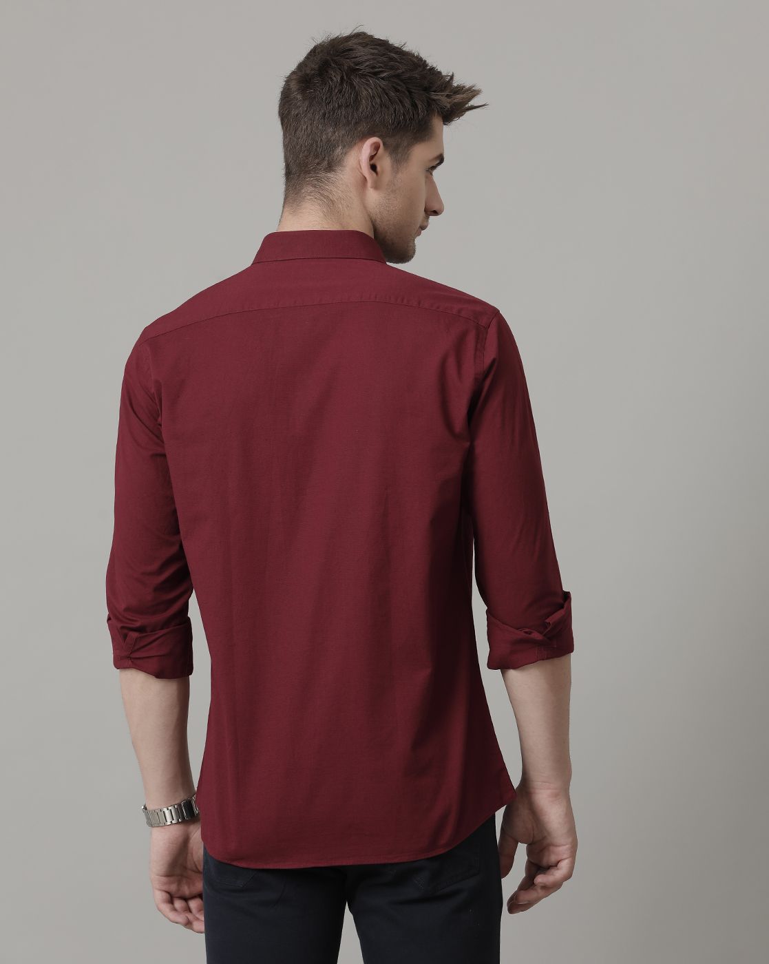 Men's Blended Linen Maroon Solid Contemporary Fit Full Sleeve Sleeve Casual Shirt