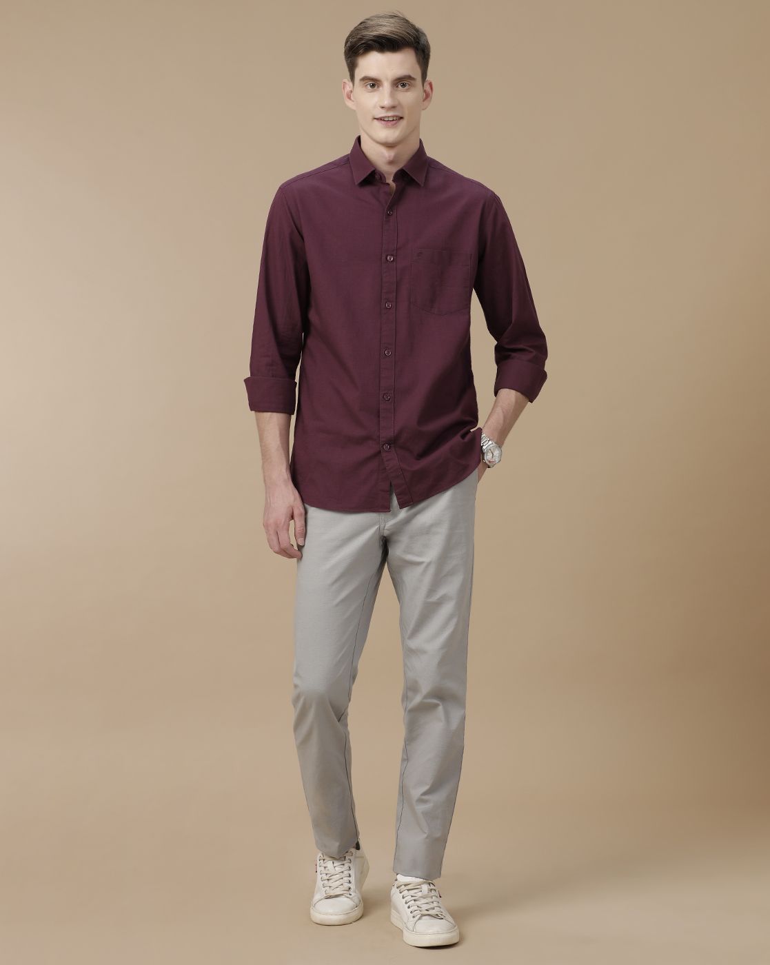 Men's Blended Linen Purple Solid Contemporary Fit Full Sleeve Casual Shirt