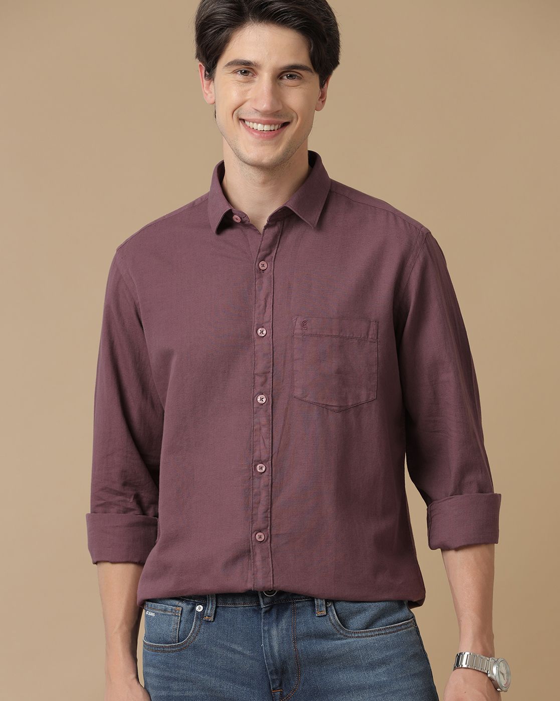 Men's Blended Linen Purple Solid Contemporary Fit Full Sleeve Casual Shirt