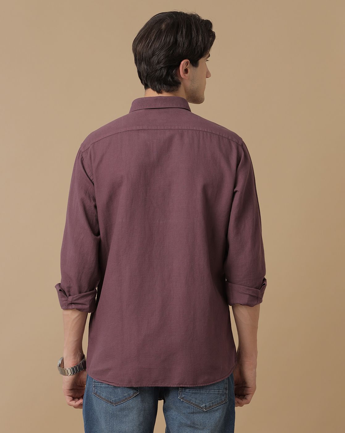 Men's Blended Linen Purple Solid Contemporary Fit Full Sleeve Casual Shirt