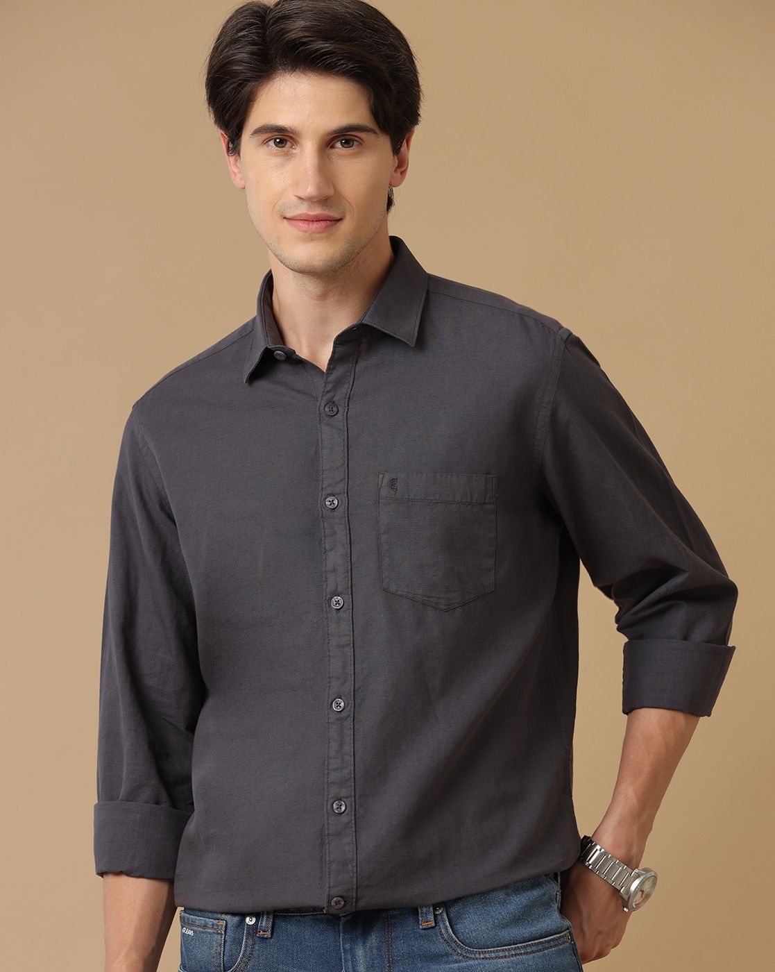 Men's Blended Linen Grey Solid Contemporary Fit Full Sleeve Casual Shirt
