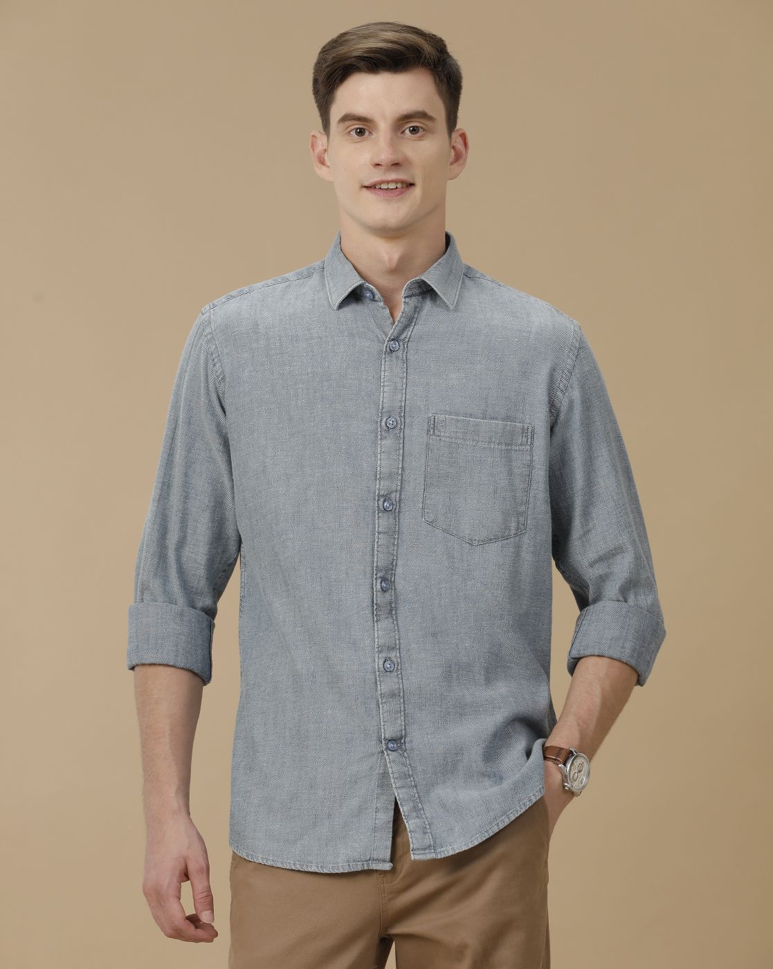 Men's Blended Linen Blue Solid Contemporary Fit Full Sleeve Casual Shirt