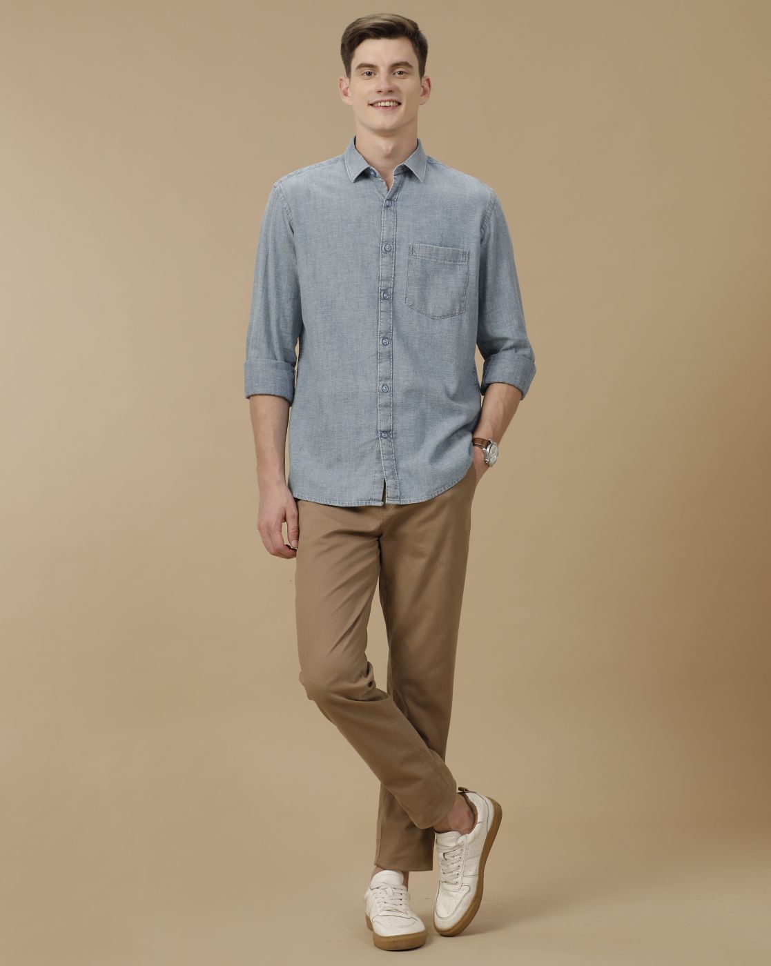 Men's Blended Linen Blue Solid Contemporary Fit Full Sleeve Casual Shirt