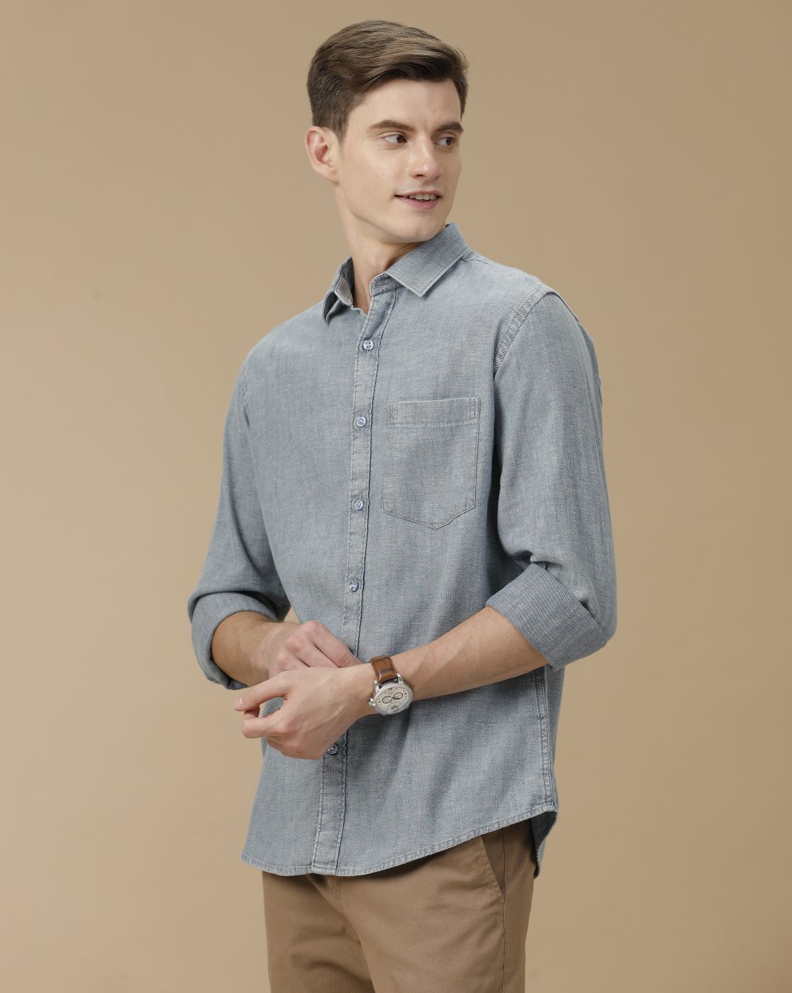 Men's Blended Linen Blue Solid Contemporary Fit Full Sleeve Casual Shirt