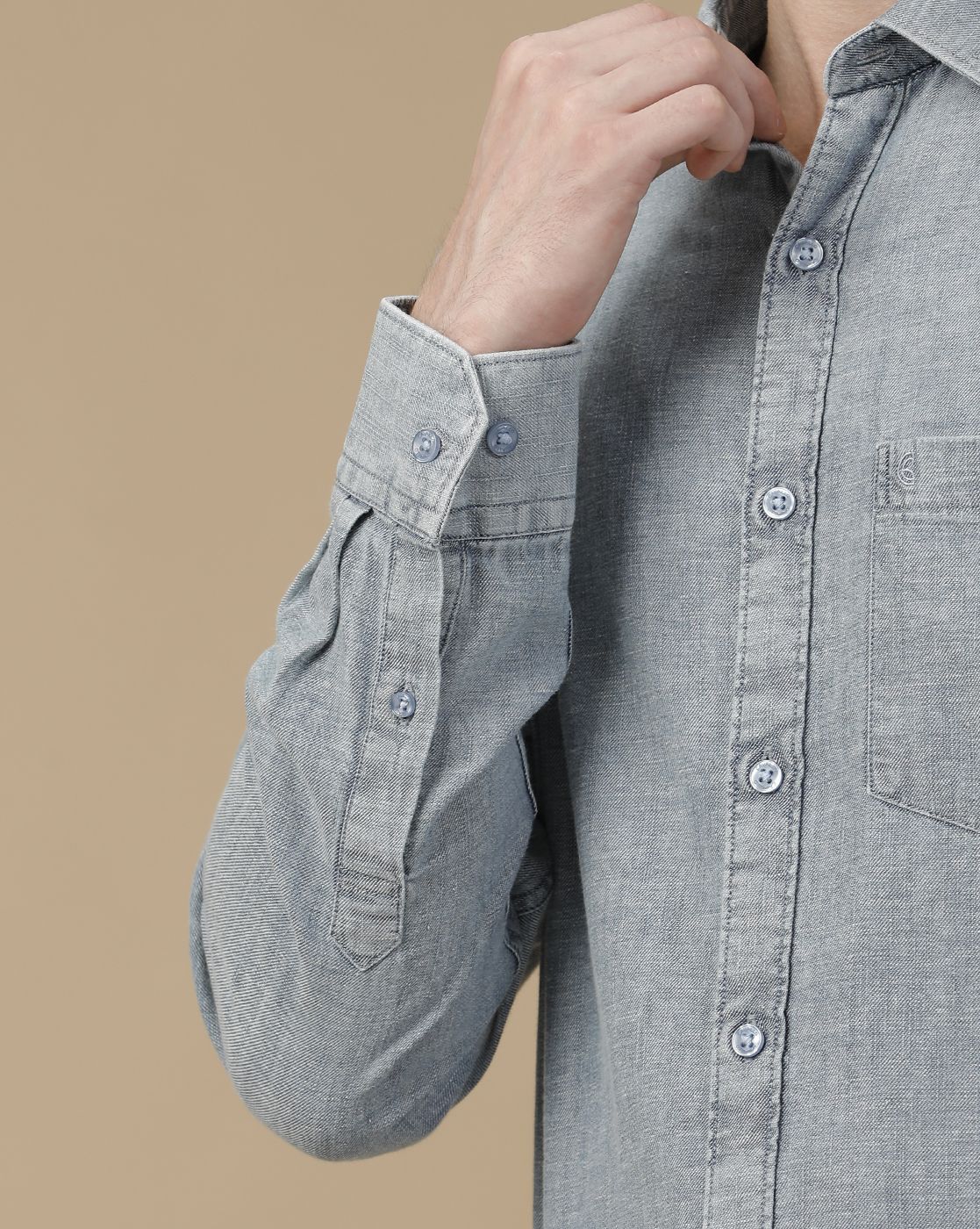 Men's Blended Linen Blue Solid Contemporary Fit Full Sleeve Casual Shirt