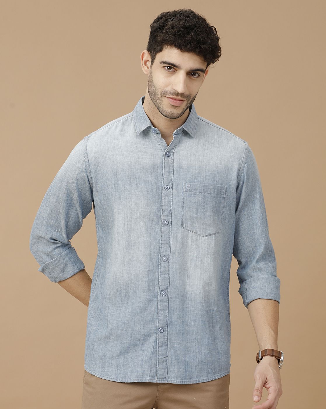 Men's Blended Linen Blue Solid Contemporary Fit Full Sleeve Casual Shirt